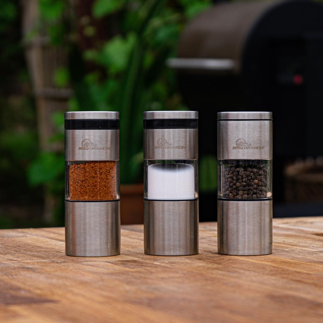BBQ Dragon 3-Piece Magnetic Stainless Steel Salt and Pepper Shakers Set - Refillable Adjustable Grinder for Kitchen, Grill & Outdoor Cooking | Durable Spice Dispenser for BBQ, Camping & Dining Table