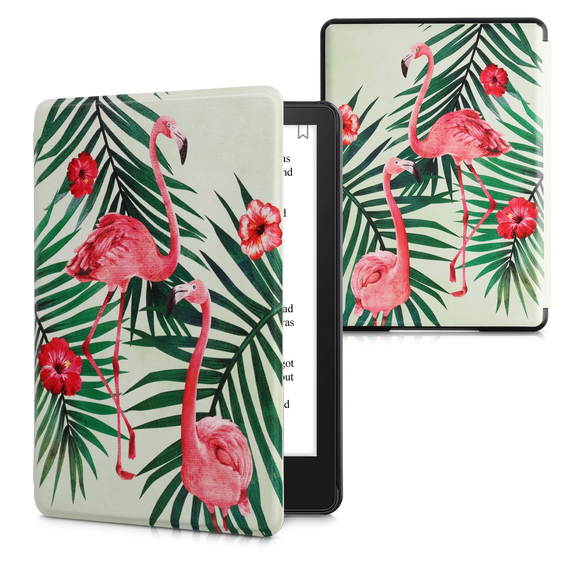 kwmobile Premium PU Leather Case for Amazon Kindle Paperwhite 11th Generation (2021 Release) - Flamingo & Palm Tree Design in Pink/Green/Light Green - Slim Protective Cover for Reading at Home, Travel & Commuting