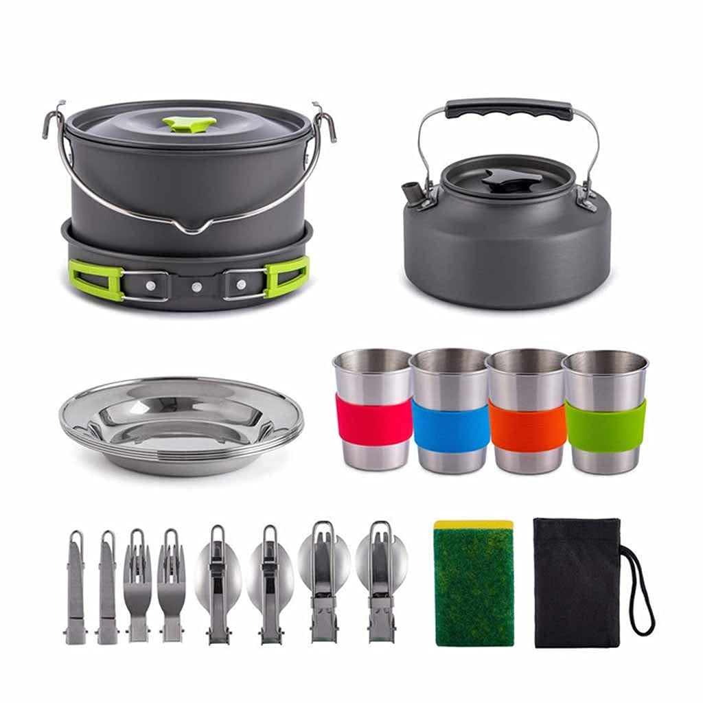 UXZDX CUJUX 22-Piece Camping Cookware Set - Large Hanging Pot, Pan, Kettle with Base, 4 Cups, Dishes, Forks & Spoons - Perfect for Camping, Hiking & Outdoor Adventures