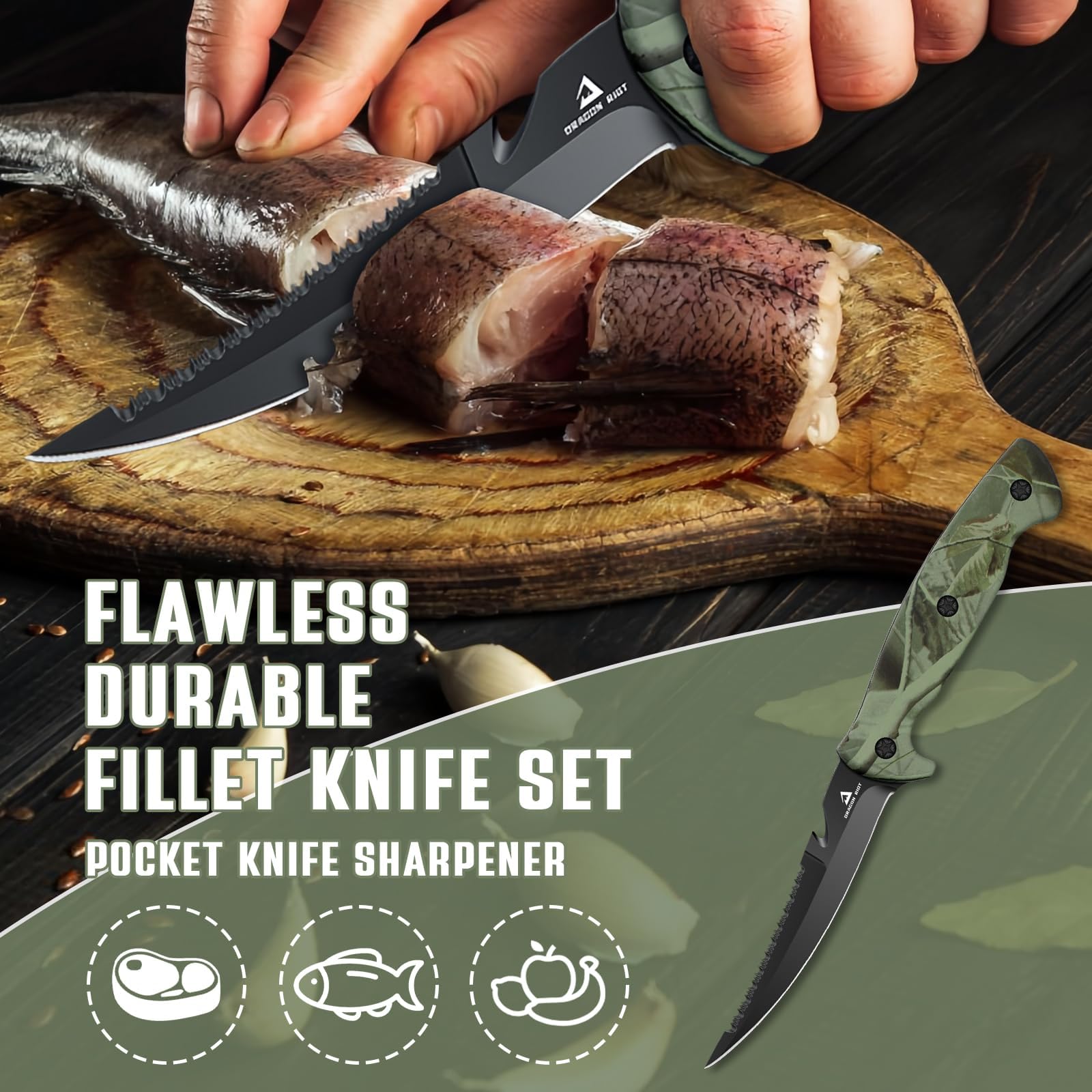 Ultra-Sharp German Stainless Steel Fish Fillet Boning Knife Set - Professional Meat Cutting & Fishing Knife for Freshwater & Saltwater - Includes Durable Storage Bag & Sharpening Tool - Perfect for Home Kitchen, Camping, and Outdoor Fishing Adventures