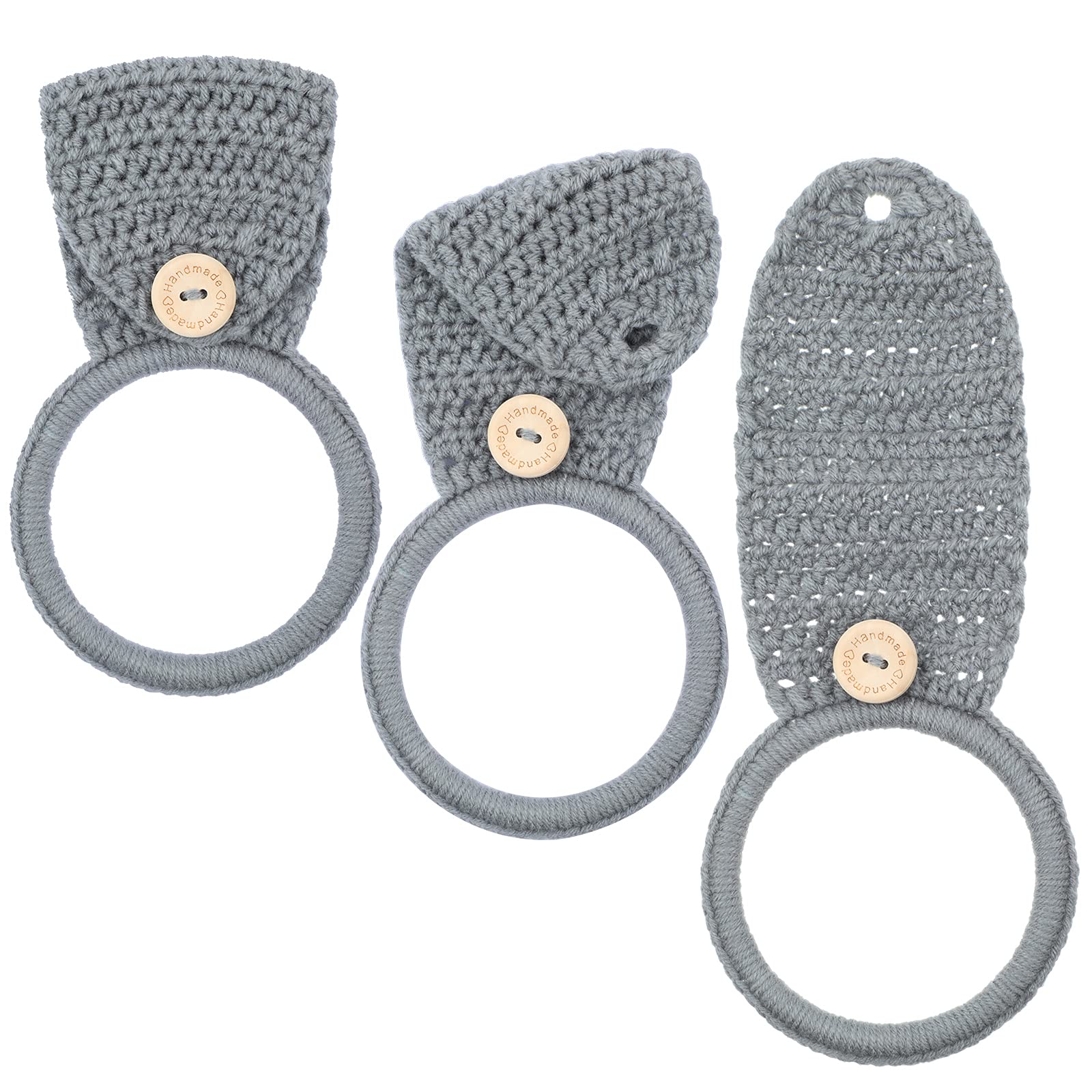 Tatuo 3-Piece Crochet Towel Holder Set - Gray Kitchen & Bathroom Hanging Dish Towel Rings for Oven Handle & Stove - Perfect for Organizing Kitchen Towels, Pot Holders & Dishcloths