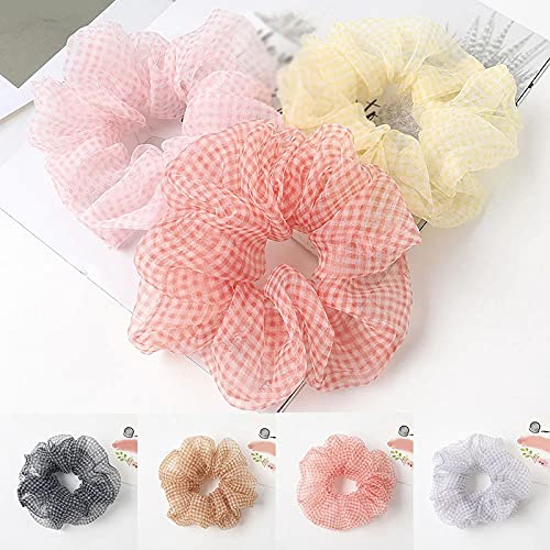 6 Pack Fashion Organza Soft Elastic Hair Bands - Sweet Plaid Scrunchie Hair Ties for Women & Girls, Ponytail Holders with Grid Pattern (Multiple Designs Available) - Perfect for School, Work, Parties and Everyday Styling