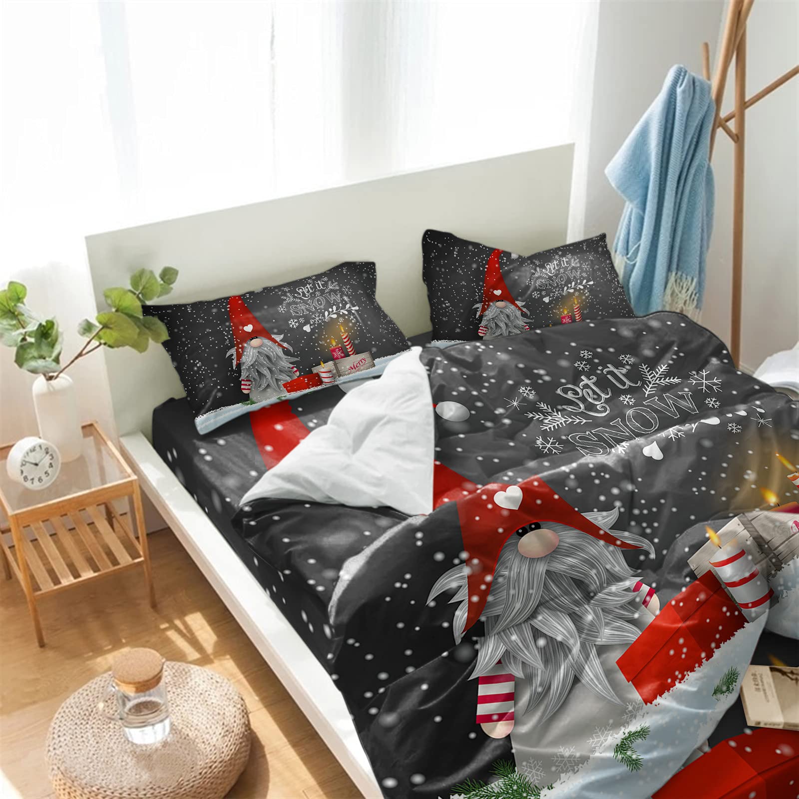 California King Duvet Cover Set 4-Piece - Christmas Gnome with Candle Winter Design, Ultra Soft Breathable Comforter Cover with Flat Sheet & 2 Decorative Pillow Shams - Snowflake White Bedding for Cozy Winter Nights