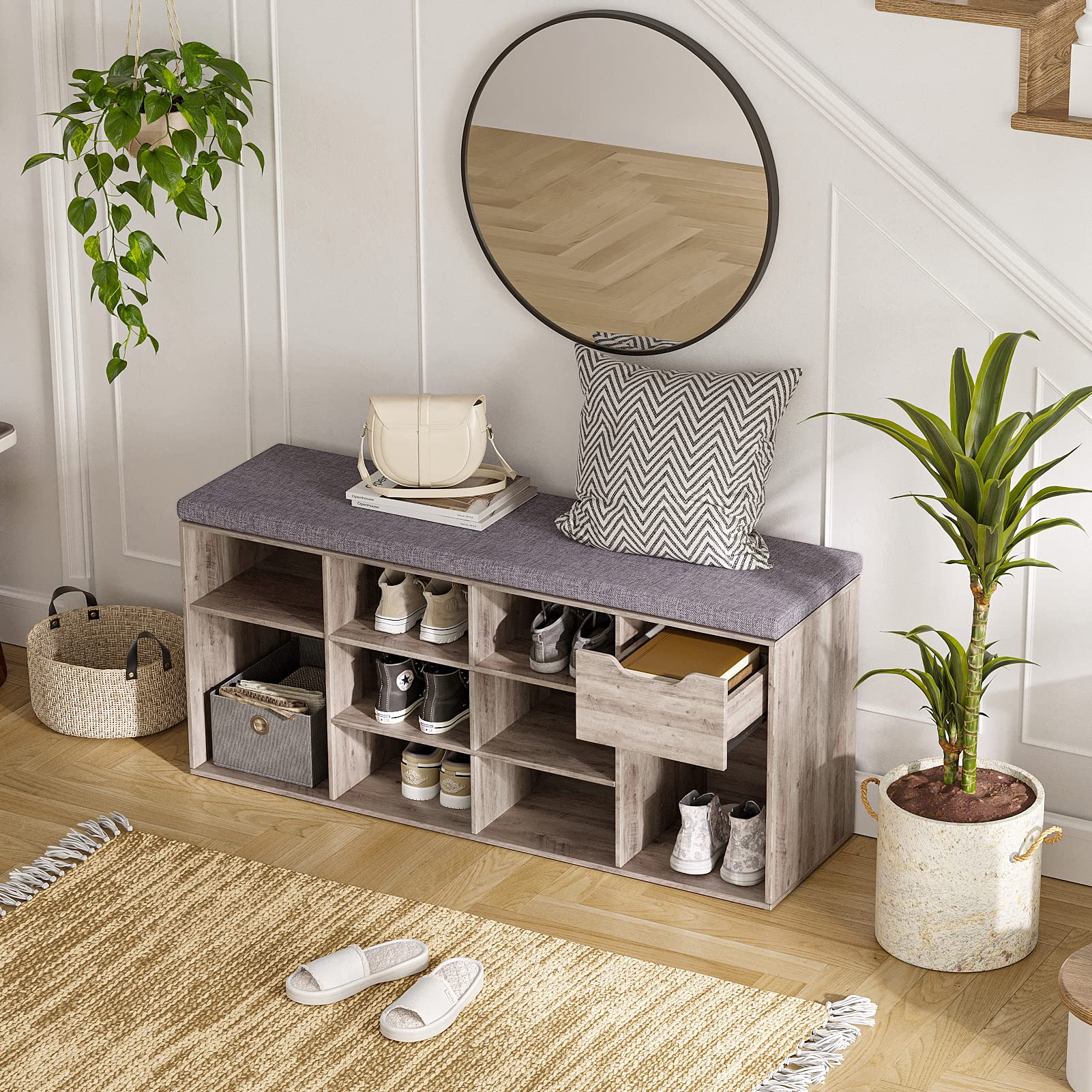DINZI LVJ Shoe Bench with Drawer & 11 Cubbies - Adjustable Shelf Entryway Storage Bench | Shoe Organizer Cabinet for Living Room, Bedroom, Mudroom, Closet & Garage | Perfect for Small Space Organization & Entryway Decor (Greige)