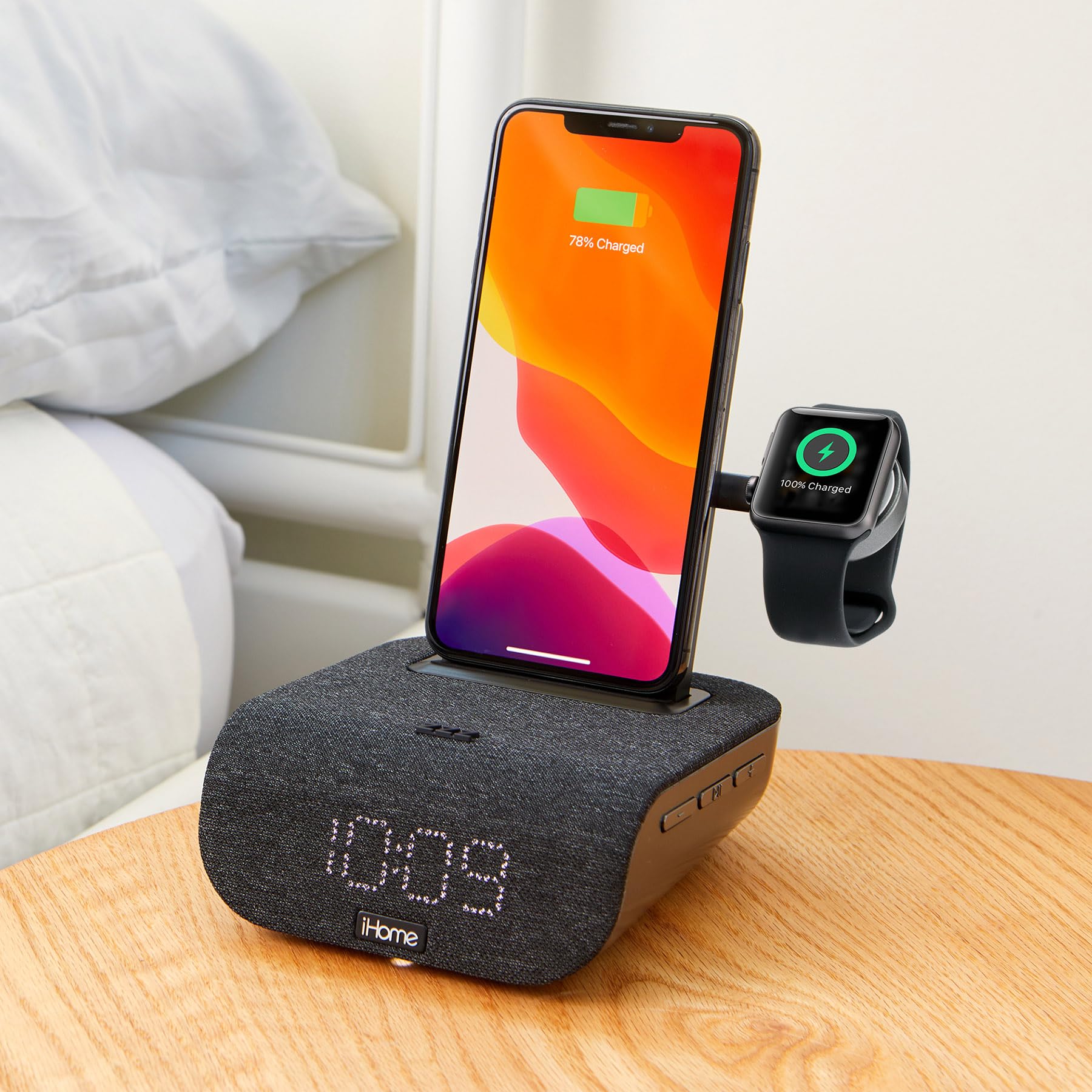 iHome TIMEBASE PRO+ Triple Charging Alarm Clock with Qi-Certified Wireless Charger, Apple Watch Charger, Bluetooth Speaker & USB Ports | Fast Charging for iPhone, Android, AirPods | Bedside, Office, Travel Use (Model iWBTW200B)