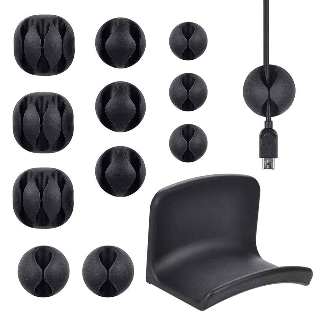 Neetto Wall Mount Headphone Hanger with Double-Sided Tape & 12 Pack Self-Adhesive Cable Clips - Durable Black Cord Organizer for Desk, Charging Cables, Headphones - Perfect for Home Office, Gaming Setup & Workspace Organization