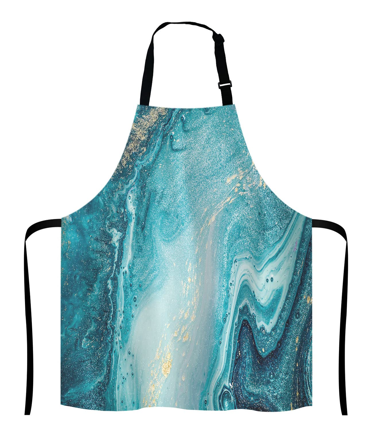 Adjustable Blue Teal Gold Marble Bib Apron for Men & Women - Chef, Cooking, Baking, BBQ, Grill, Waitress - Perfect for Home Kitchen, Restaurants & Outdoor Grilling