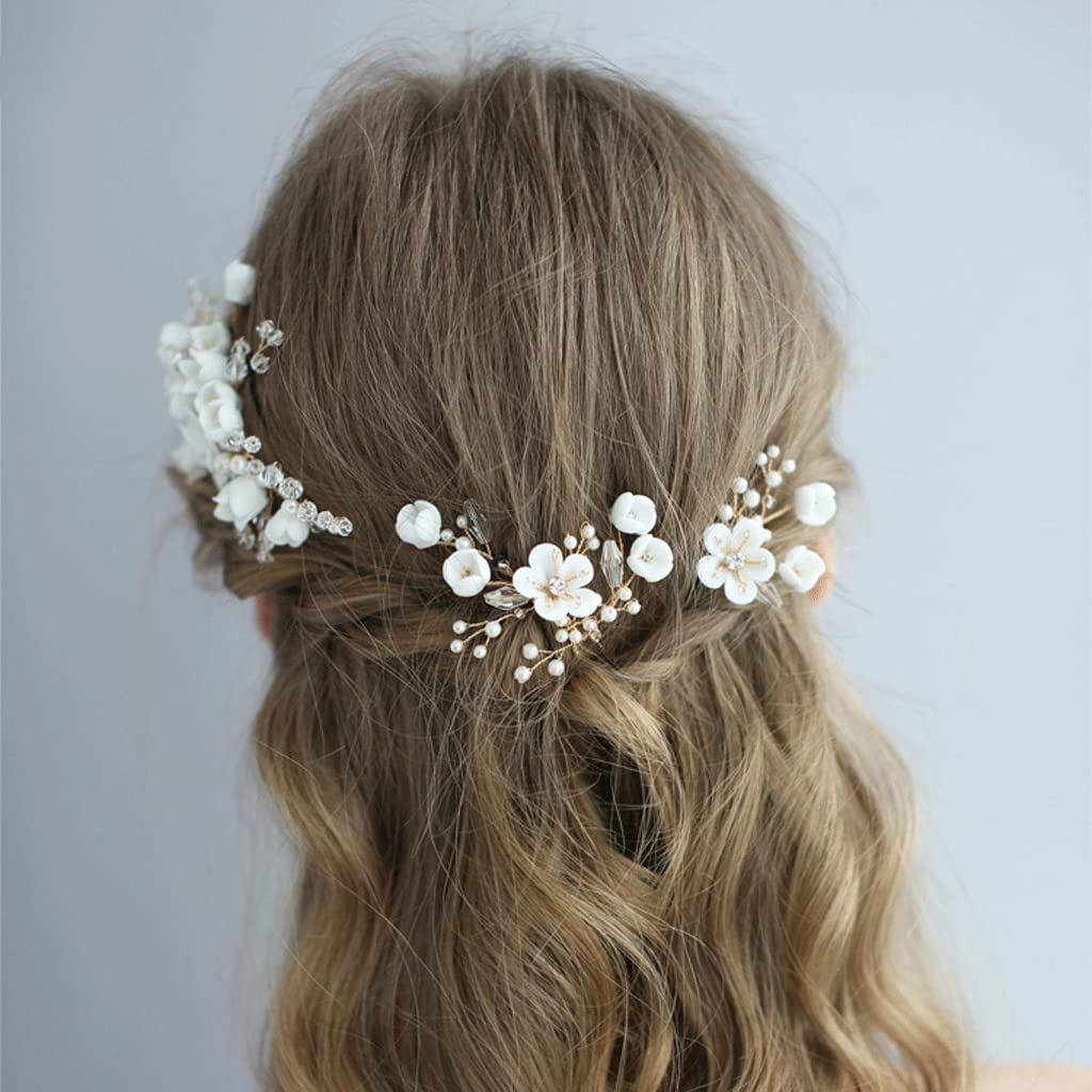 Handmade Ceramic Flower Wedding Hair Comb Set - 3pc Bridal Hair Side Combs with Clips for Bride, Bridesmaids & Special Occasions | Perfect for Weddings, Prom & Formal Events