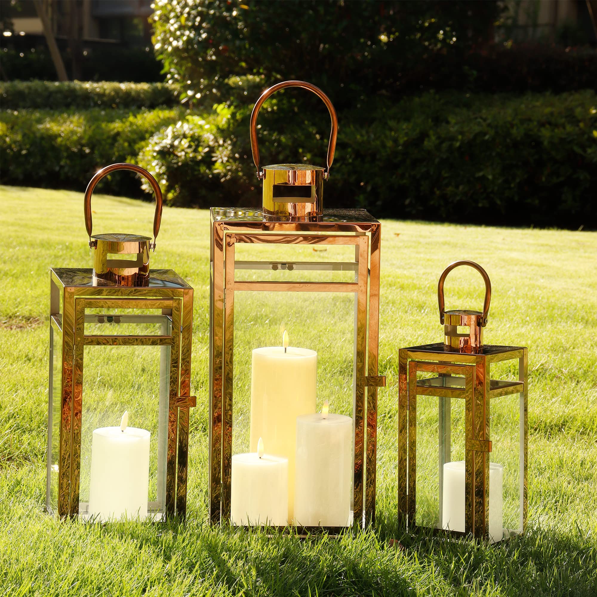 TRIROCKS Set of 3 Stainless Steel Candle Lanterns - 19 Inch Tall Metal Candle Holders with Clear Glass Panels for Home Decor, Living Room, Wedding, Party, Indoor & Outdoor Use (Rose Gold) - Perfect for Dining Table, Garden, Patio, and Fireplace Decor