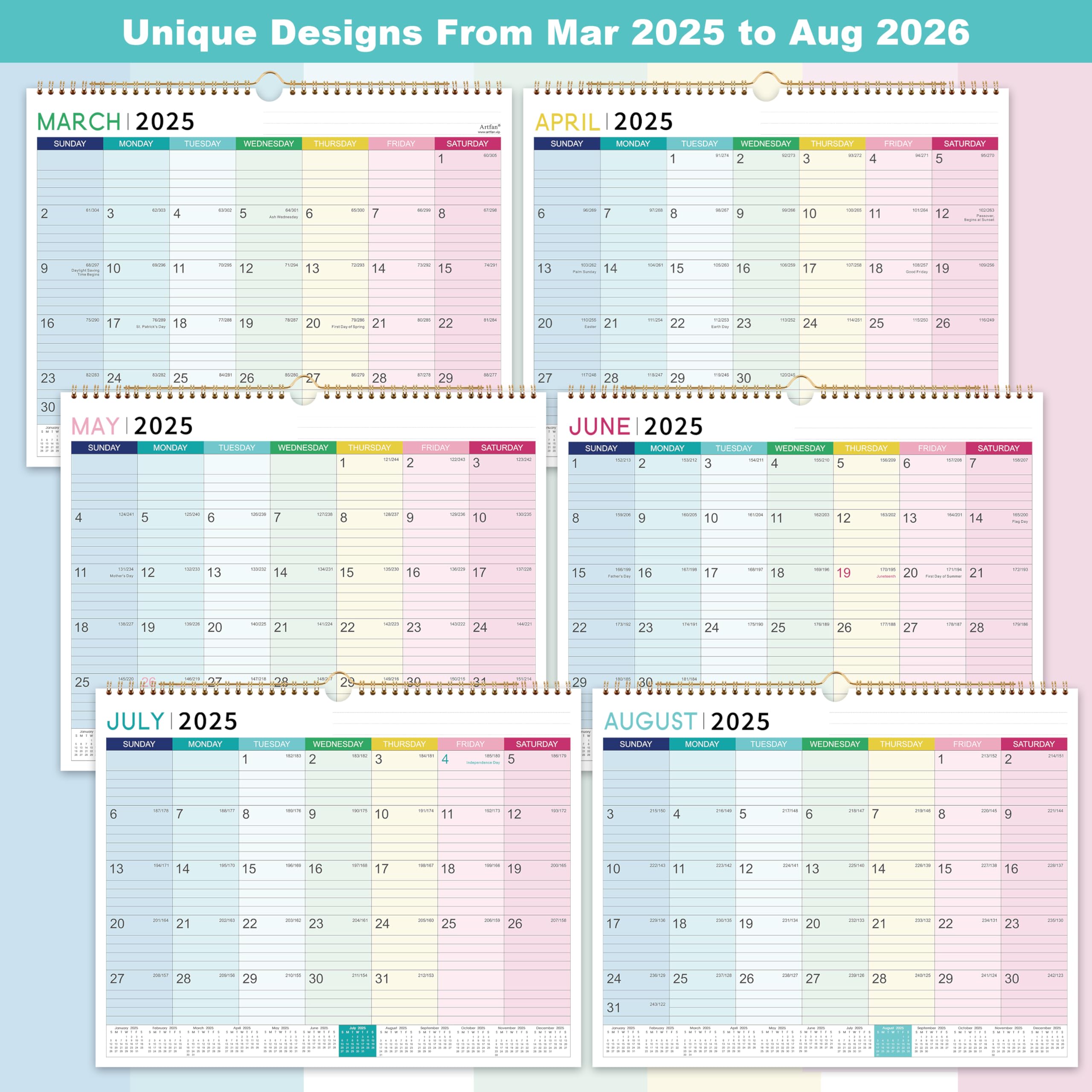 2025-2026 Wall Calendar with Hanging Hook | 18-Month Planner from March 2025 to August 2026 | Thick Paper 15