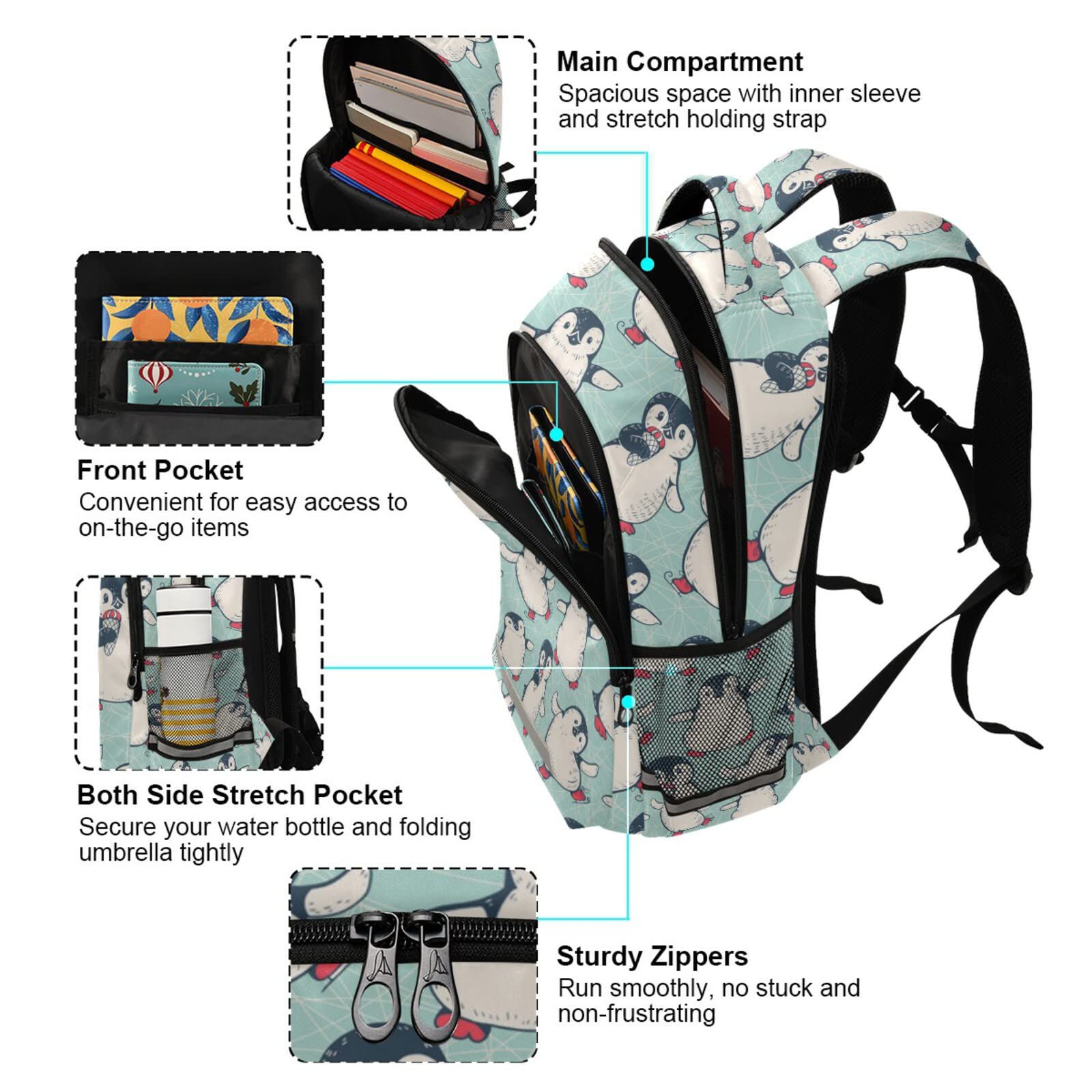 Cute Penguins School Backpack for Boys & Girls - Lightweight Travel Backpack with Wide Comfortable Shoulder Straps & Reflective Strips - Perfect for College, Casual Daypack, Hiking & Outdoor Activities