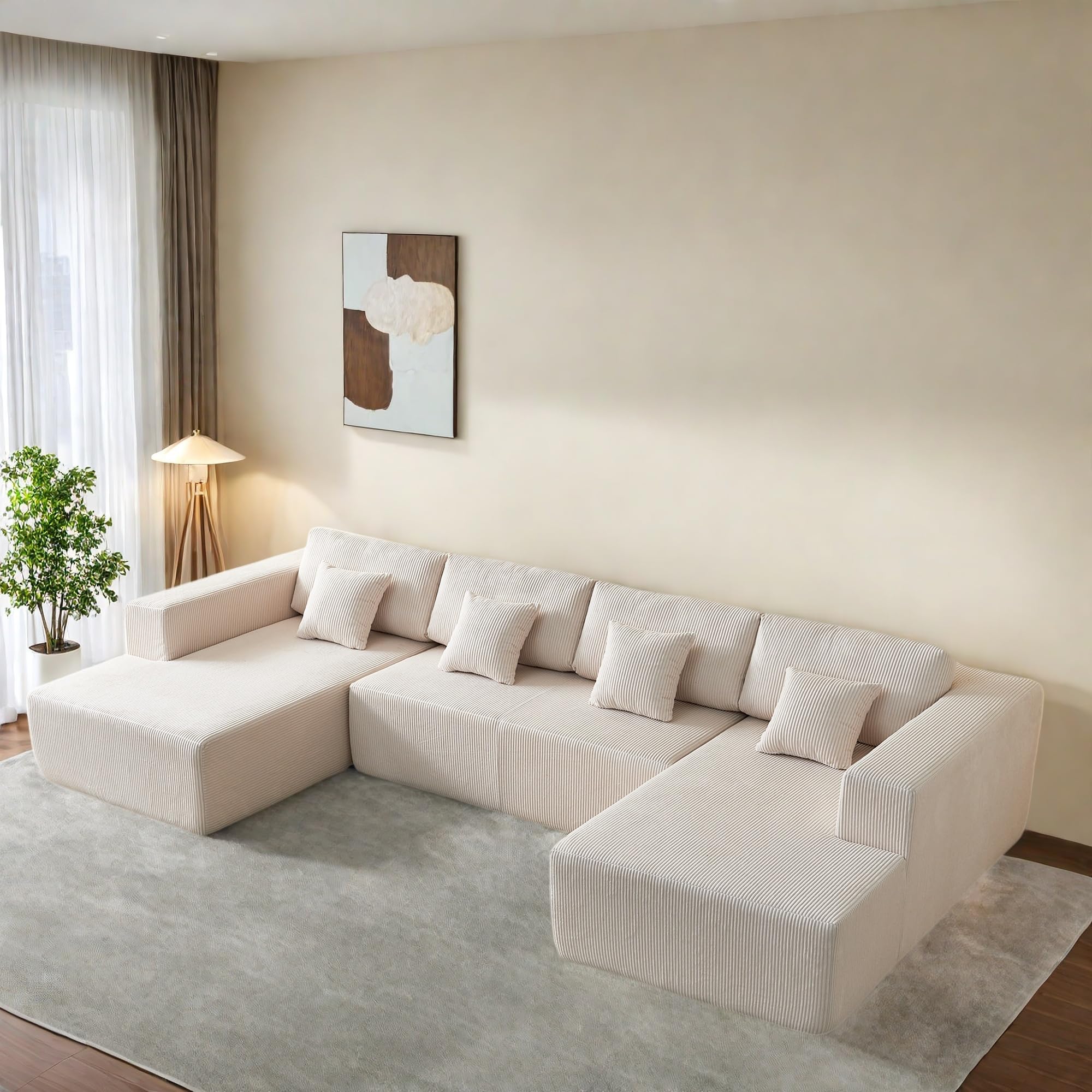 Luxury U-Shaped Sectional Sofa Set with Plush Corduroy Fabric & Reversible Chaise - 4-Seater Comfort Couch with Supportive Backrests for Living Room, Apartment - Perfect for Family Gatherings & Movie Nights (White)