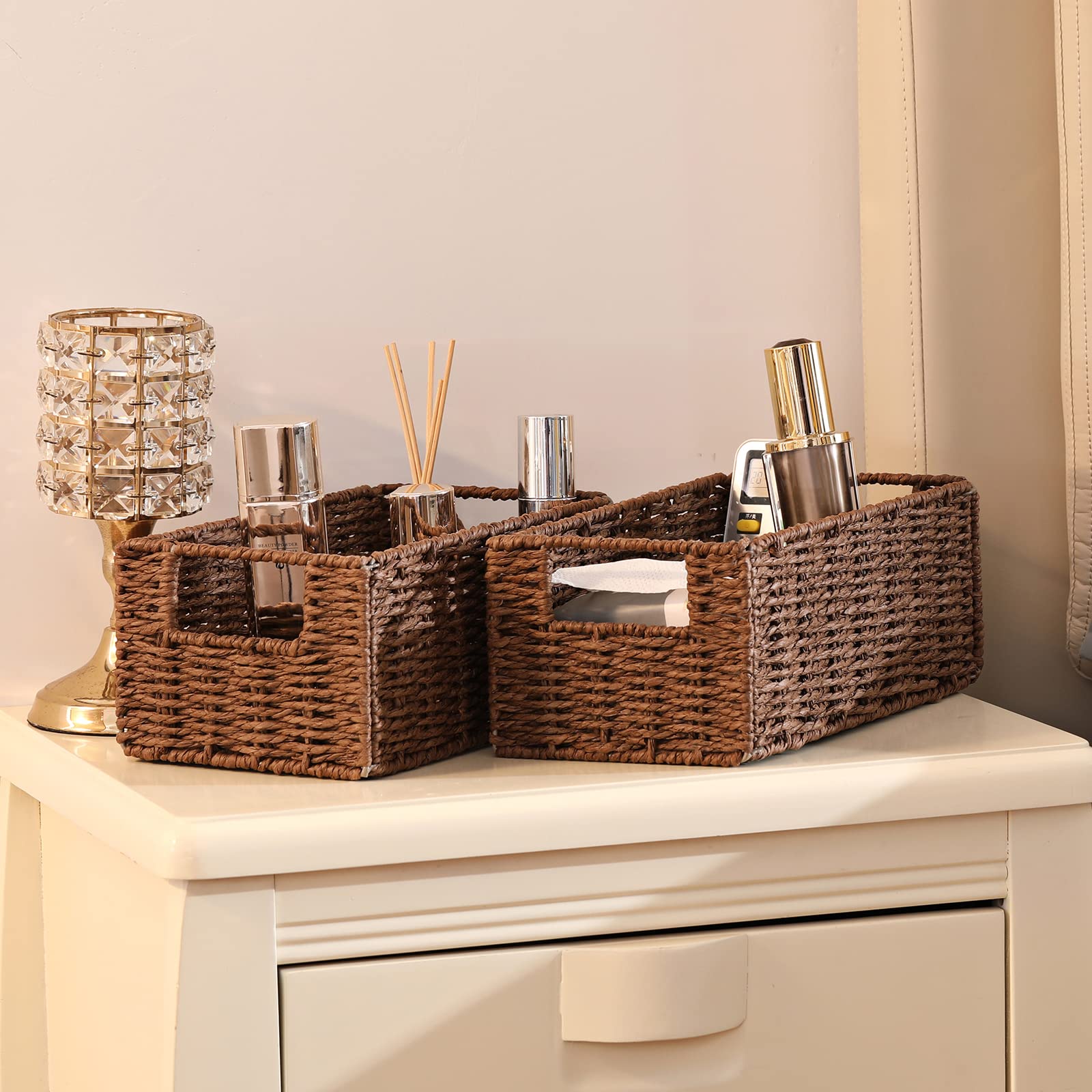 Vagusicc Set of 2 Hand-Woven Wicker Storage Baskets - Foldable Paper Rope Organizer Bins for Shelves, Toilet Paper Storage & Home Organization (Brown) - Perfect for Bathroom, Bedroom & Closet Storage Solutions