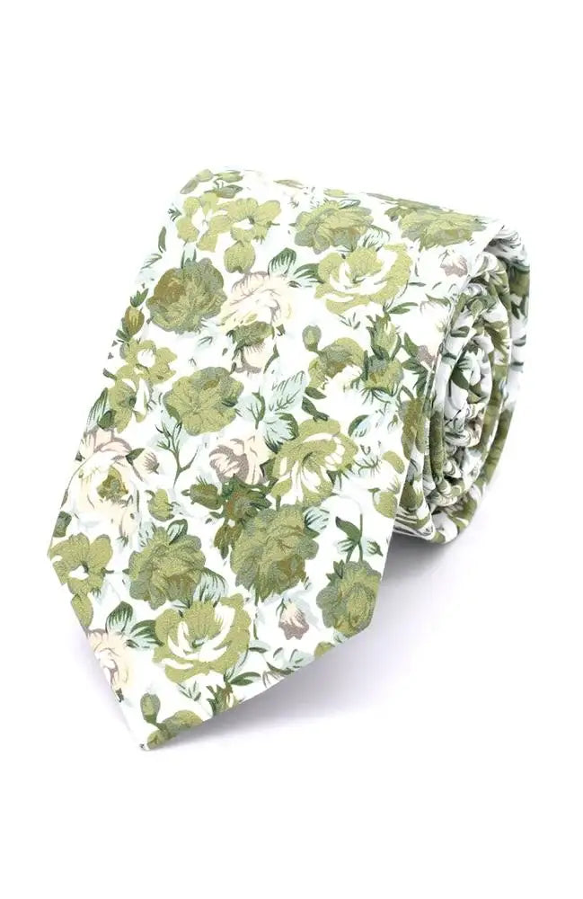 L A Smith Sage Beautiful Floral Tie and Hank Set - Elegant Wedding & Formal Event Accessories for Men
