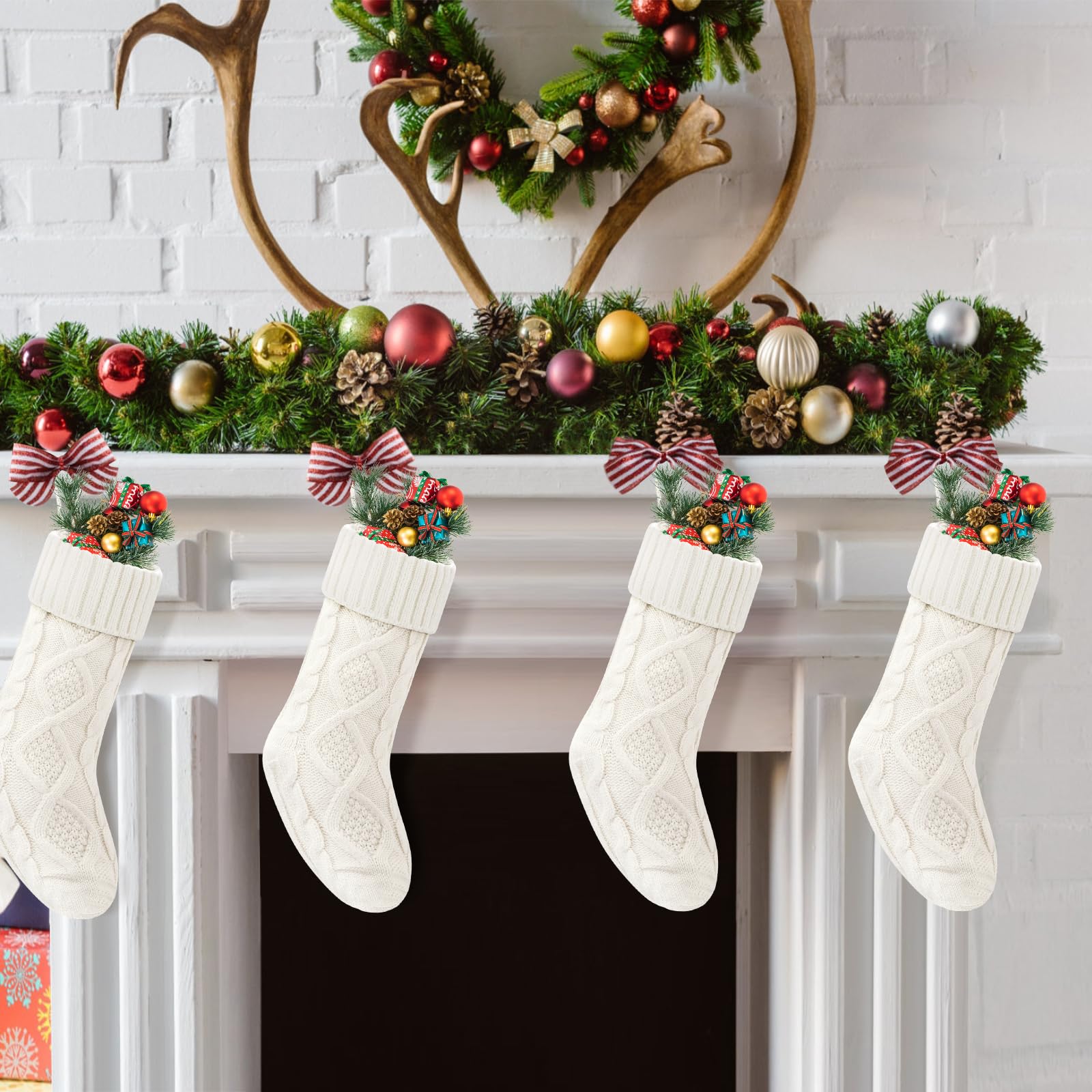 VIBILIA Christmas Stockings 4 Pack - 18 Inch Large Knitted Xmas Stockings for Fireplace Decor, Holiday Party, Gift Exchange & Festive Home Decor (White)
