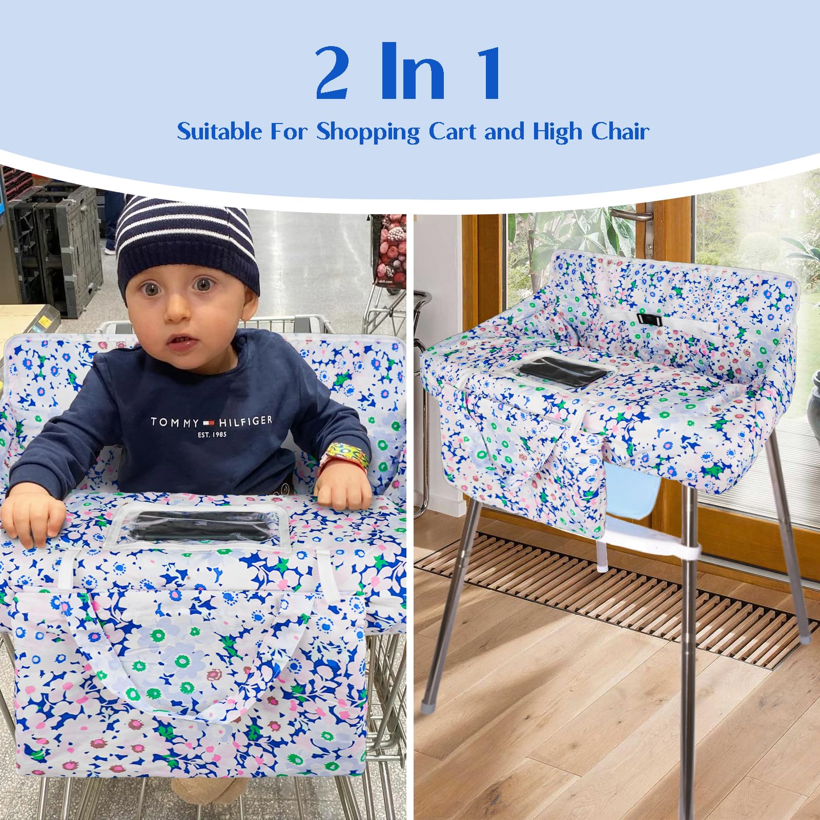 Floral Shopping Cart Cover & High Chair Cover - Portable 2-in-1 Baby Safety Harness with Clear Phone Pouch | Perfect for Grocery Stores, Restaurants & Travel