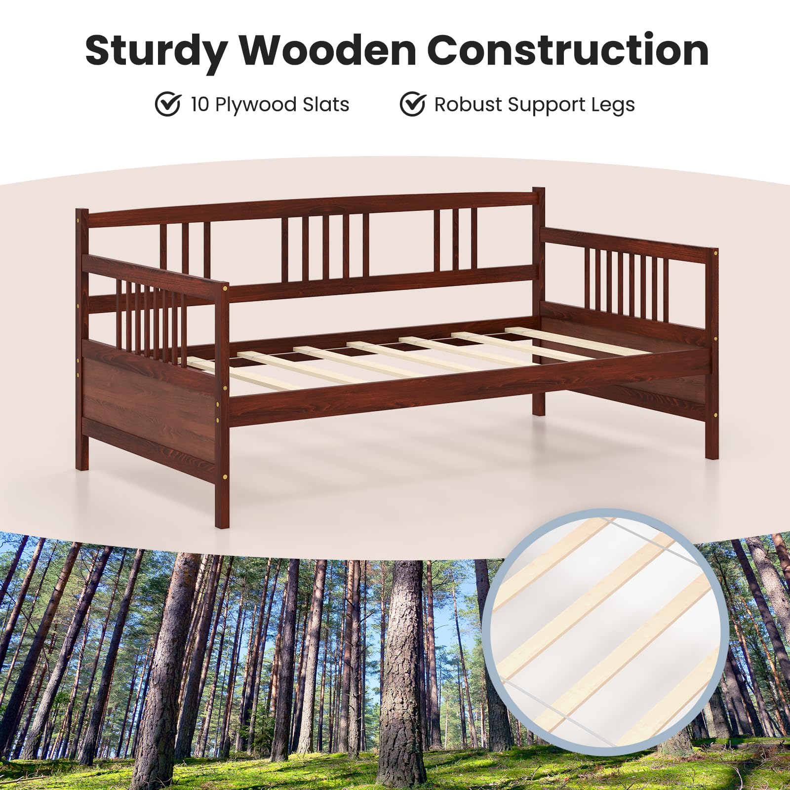 Giantex Twin Size Wooden Daybed Frame with Rails & Slat Support - Convertible Sofa Bed for Guest Room, Living Room or Bedroom - No Box Spring Needed - Cherry Finish - Perfect for Small Spaces, Sleepovers & Multi-Functional Furniture Needs
