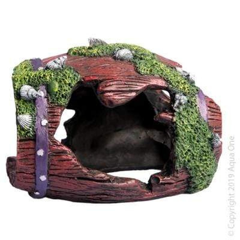 Aqua One Miniature Single Ruined Barrel Decor with Shell - 9 x 6.5 x 6.5cm Small Aquarium Ornament for Fish Tank, Terrarium & Home Decor - Perfect for Betta Fish, Shrimp & Aquatic Pets