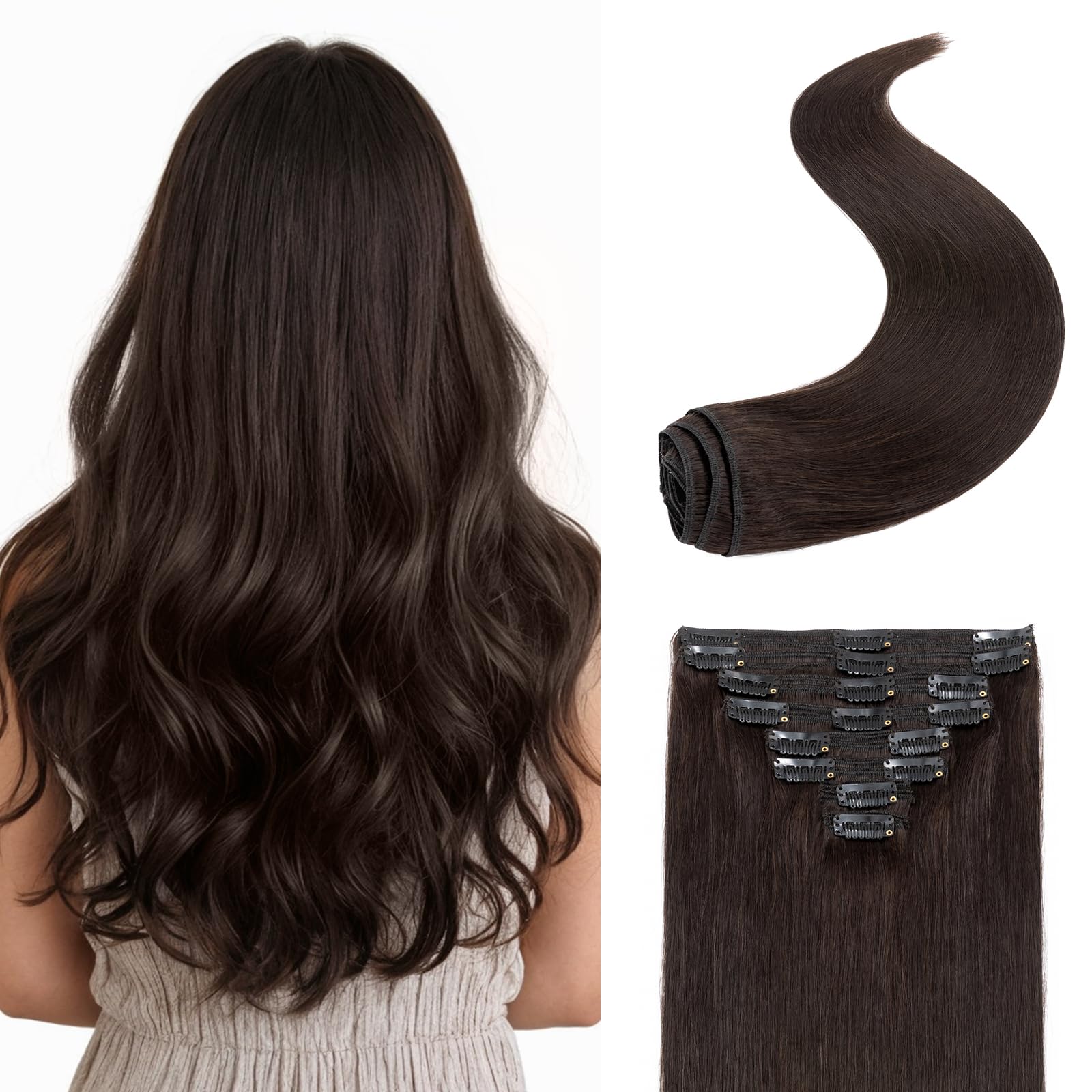 S-noilite Clip in Hair Extensions 22 Inch Dark Brown - 100% Remy Human Hair, Double Weft, 8PCS (160g) #2 - Natural Straight Hair Extensions for Women | Perfect for Volume Boost, Length Extension & Special Occasions