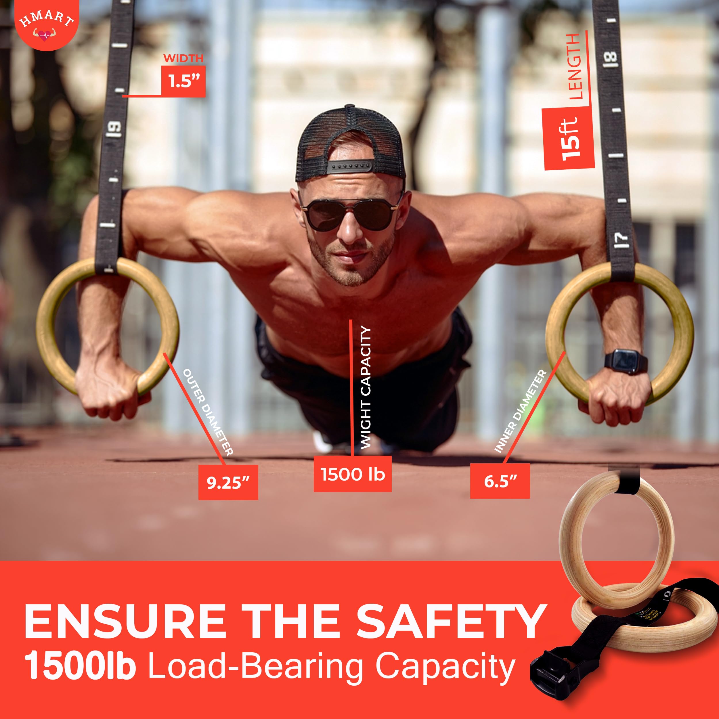 HMART Wooden Gymnastic Rings - 1600lbs Capacity with Adjustable 15ft Woven Straps & Anti-Slip Hand Tape - Perfect for Home Gym, Outdoor Workouts, CrossFit Training & Strength Exercises