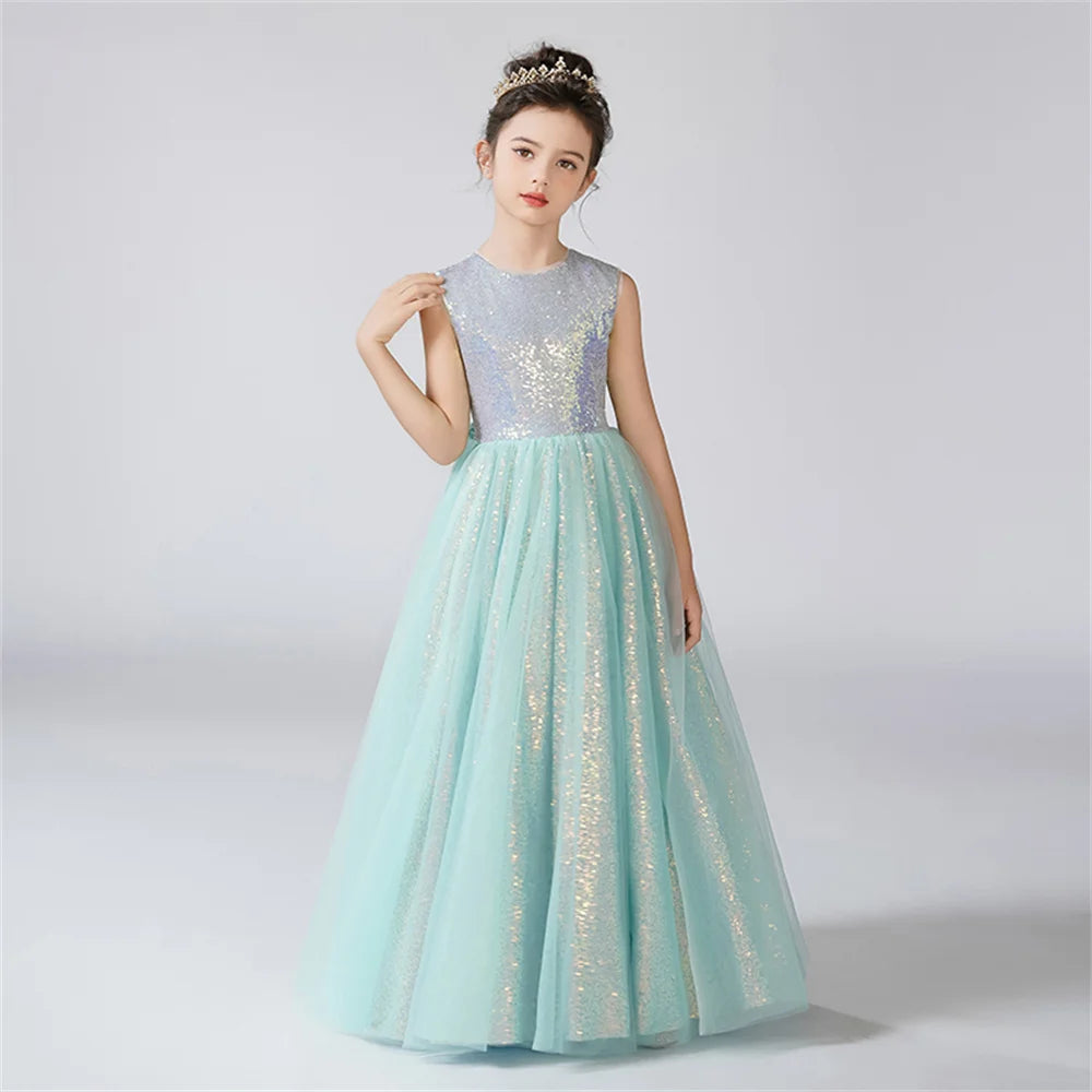 Shiny Flower Tulle O-Neck Sleeveless Flower Girl Dress for Birthday Parties, Weddings & Formal Events - Perfect for Pageants, First Communion & Special Occasions