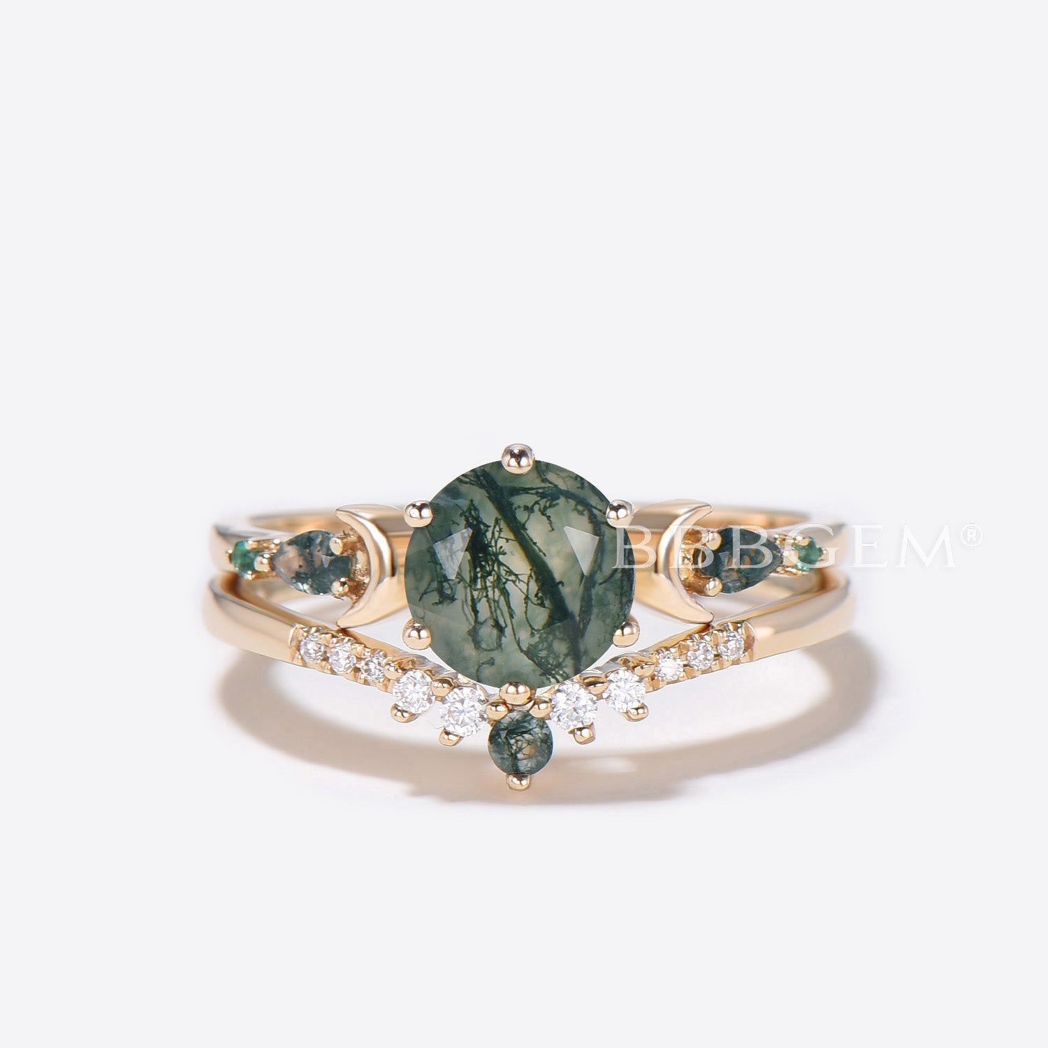 14K Gold Moss Agate Moon Engagement Ring – Elegant Aquatic Agate Wedding Band for Women, Perfect for Proposals, Anniversaries & Romantic Occasions
