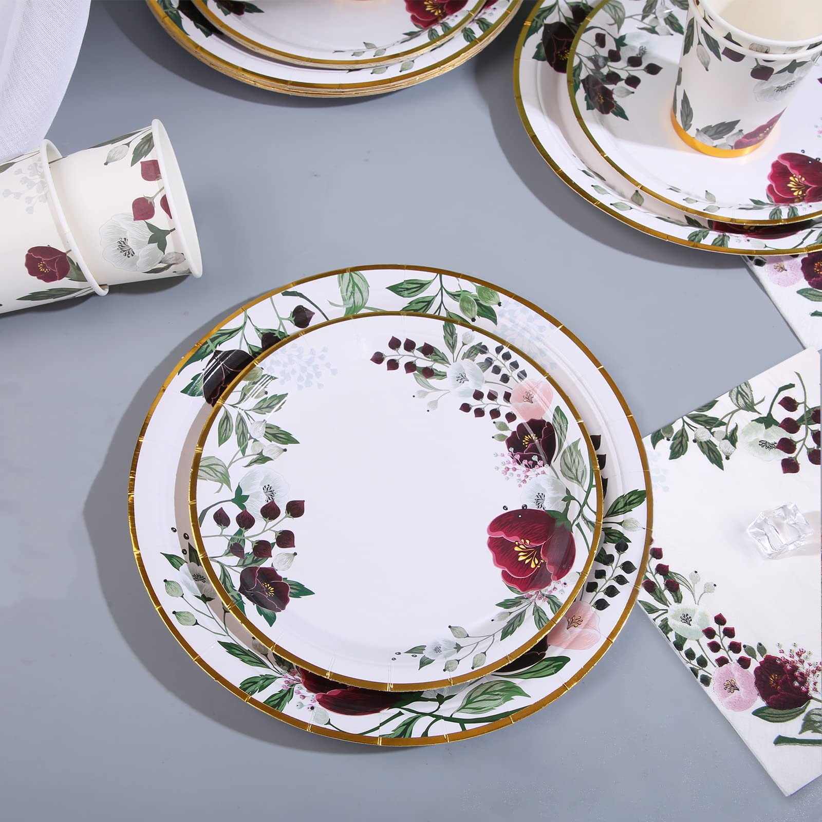 200Pcs Burgundy Floral Paper Plates & Napkins Set - Elegant Wedding, Bridal Shower & Party Supplies for 50 Guests - Perfect for Birthday, Valentine's Day, Easter & Spring Celebrations - Ideal for Indoor/Outdoor Events, Baby Showers & Anniversary Parties