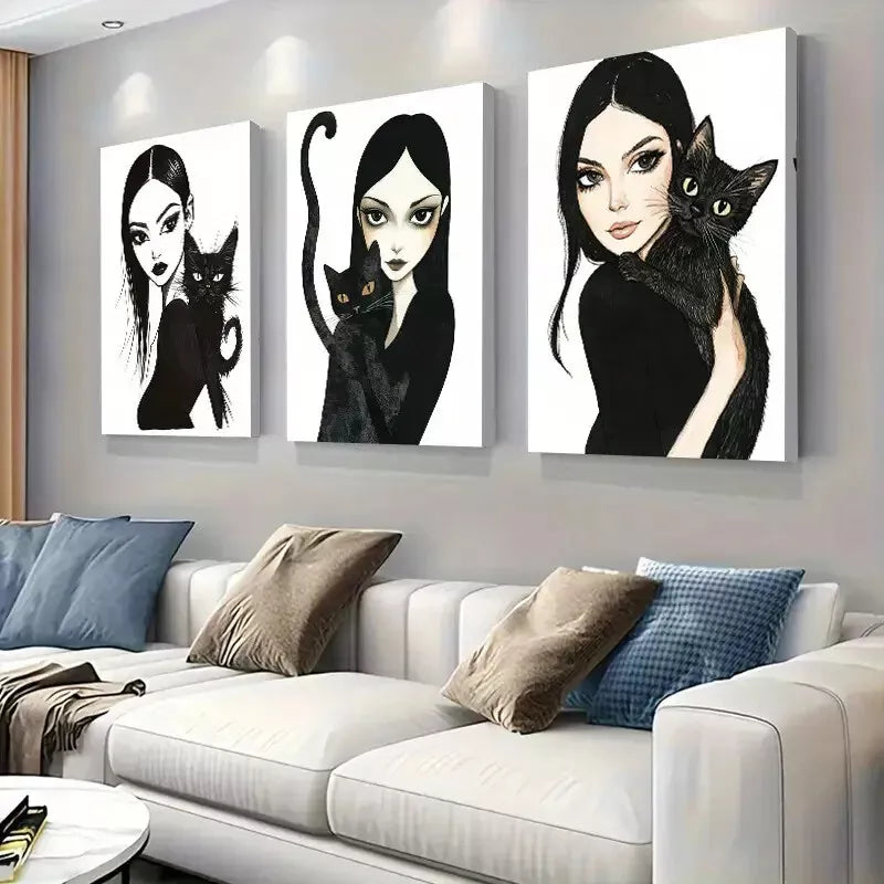 3-Piece Gothic Style Girl and Black Cat Triptych Wall Art Set - 40x60cm Framed Canvas Prints | High Quality Australian Made Wall Decor | Perfect for Living Room, Bedroom & Gothic Home Decor