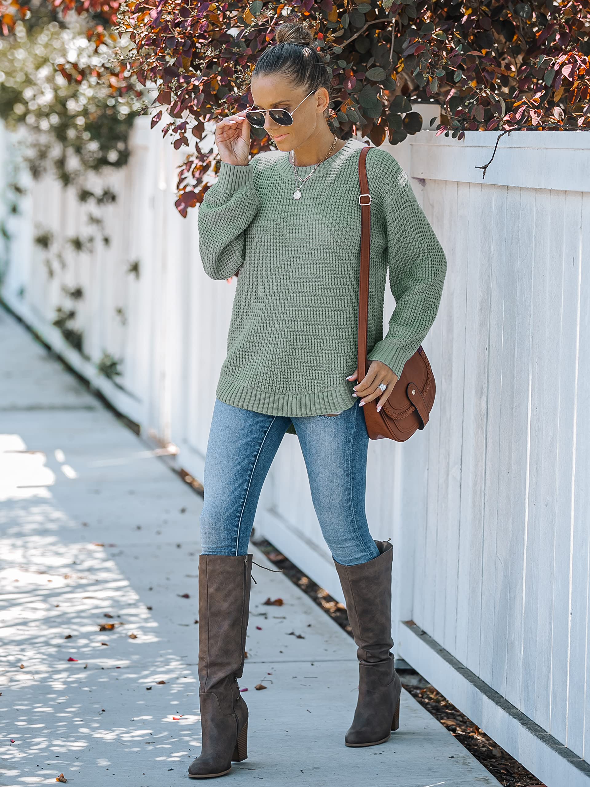 MEROKEETY Women's 2024 Fall Waffle Knit Sweater - Long Balloon Sleeve Loose Pullover Jumper | Cozy Casual Knitwear for Autumn Outfits, Office Wear & Weekend Relaxation