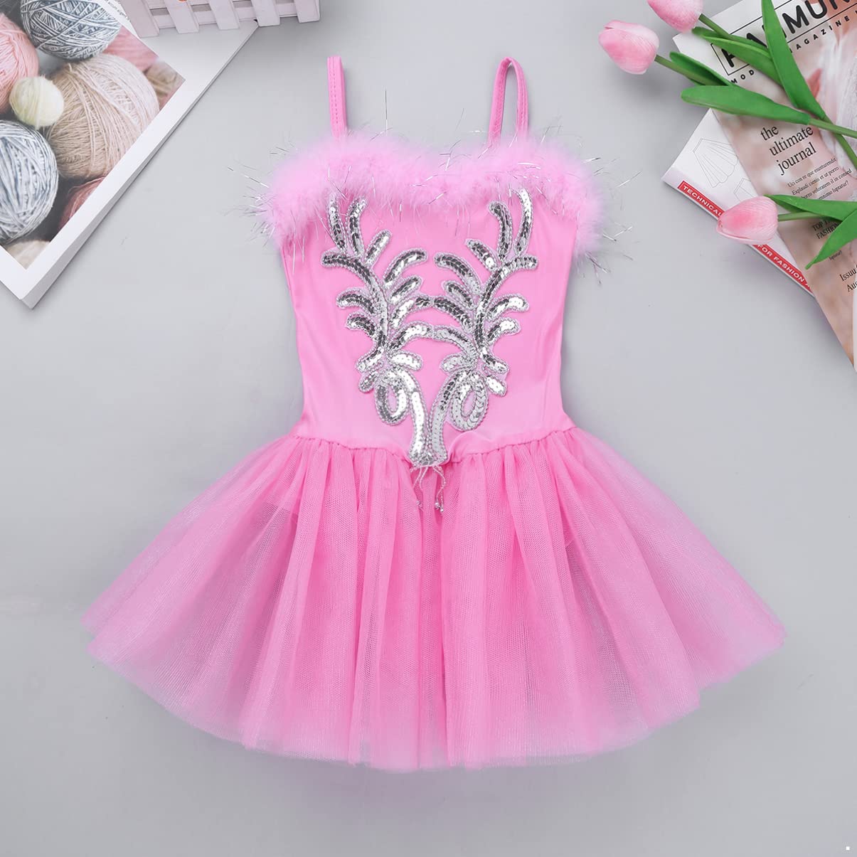 Girls Swan Lake Ballet Tutu Dress with Sequins - Dance Leotard Costume Set Includes Fingerless Gloves & Hair Clip | Perfect for Ballet Recitals, Dance Performances & Themed Birthday Parties