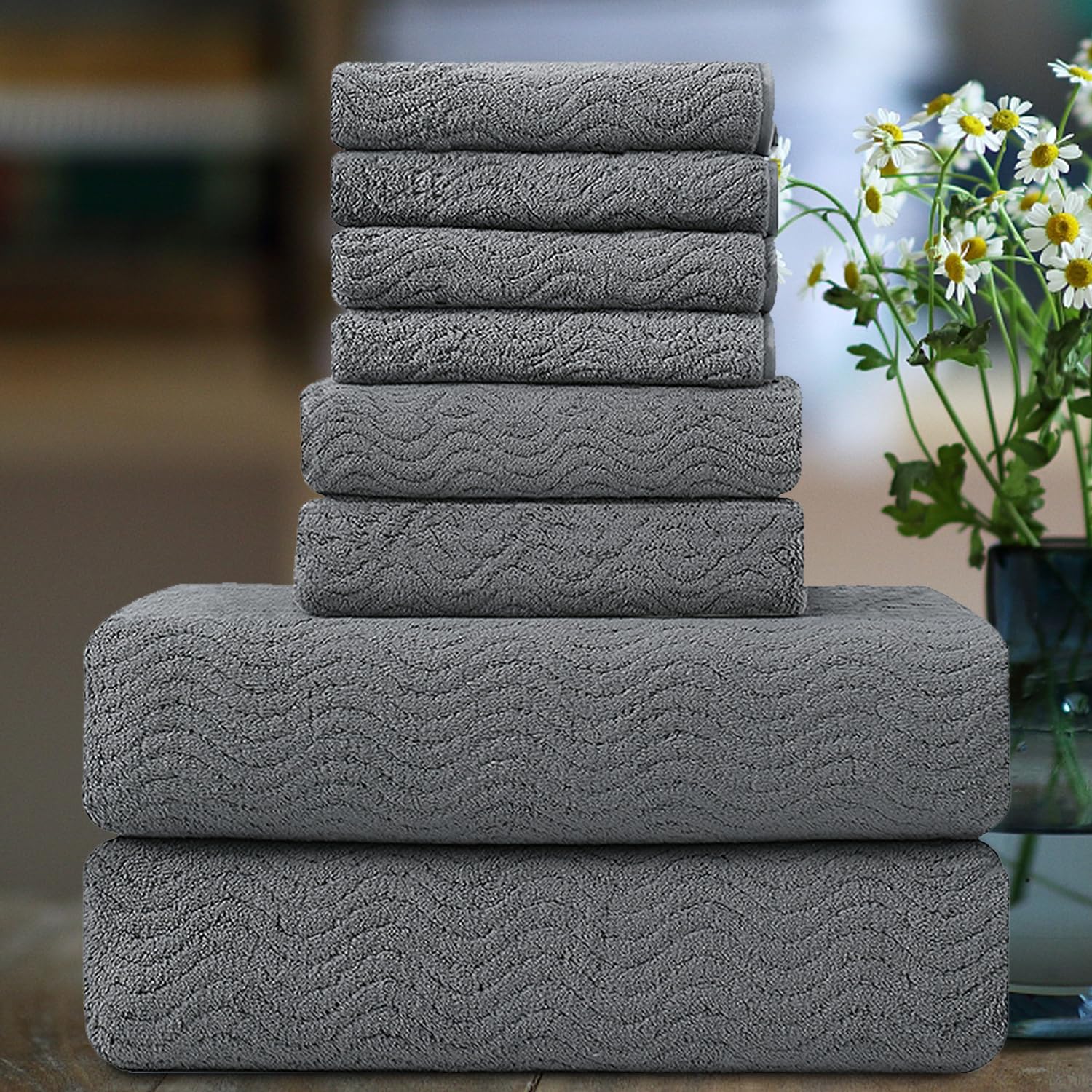 Premium 8-Piece Ultra Soft Bath Towel Set - Quick Dry, Highly Absorbent & Lightweight - Includes 2 Oversized Bath Towels, 2 Hand Towels & 4 Washcloths - Perfect for Bathroom, Shower, Pool & Kitchen Use - Dark Gray