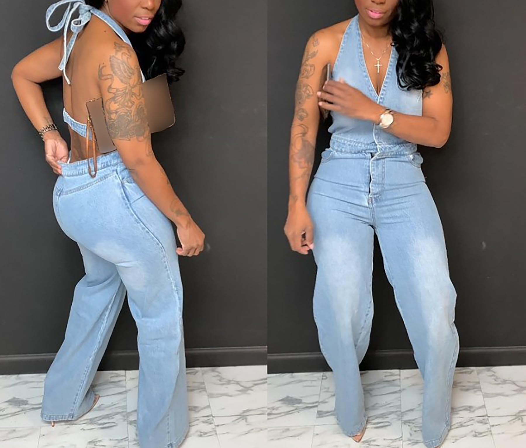 Women's Sexy Halter Sleeveless Denim Jumpsuit - V Neck Backless Romper with Loose Pants | Perfect for Summer Outings, Beach Vacations & Casual Street Style