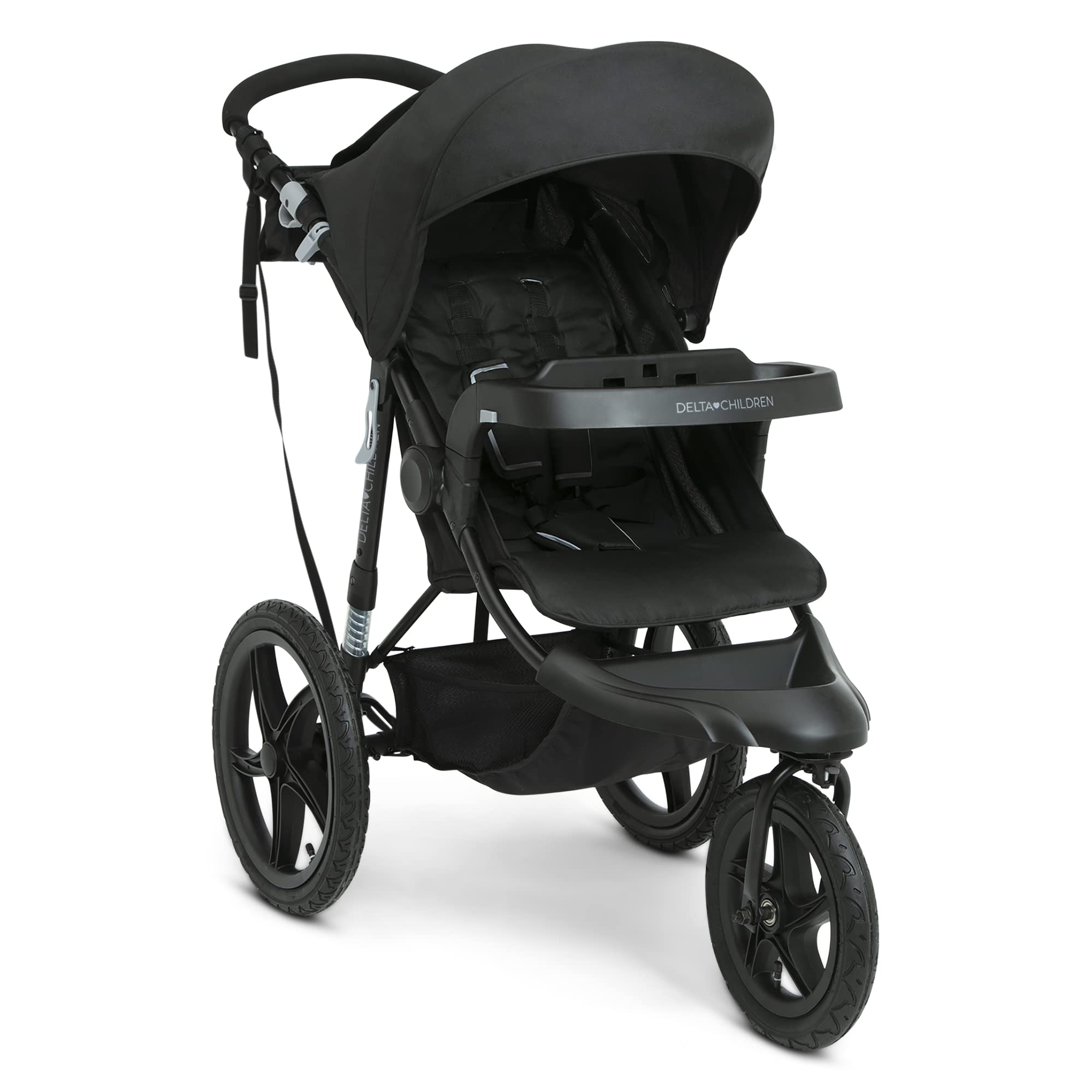 Delta Children Apollo Jogging Stroller - Lightweight Shock-Absorbing Frame with Adjustable Canopy & Reclining Seat - Compatible with Infant Car Seats (Black) - Perfect for Running, Walking & Outdoor Adventures with Baby