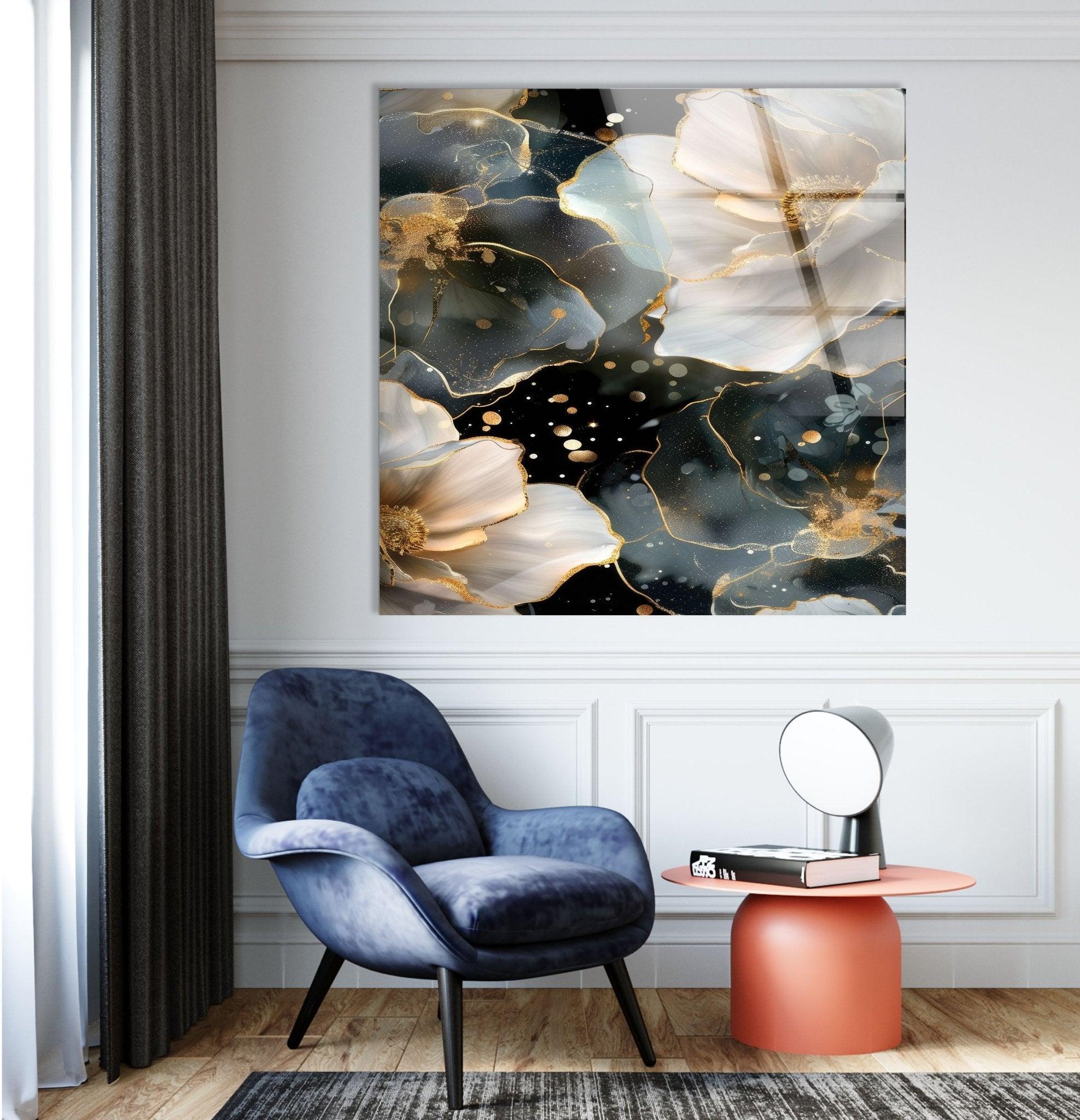 Alcohol Ink Floral Glass Wall Art - Handmade Modern Abstract Painting for Home Decor, Living Room, Bedroom & Office - Unique Gift Idea