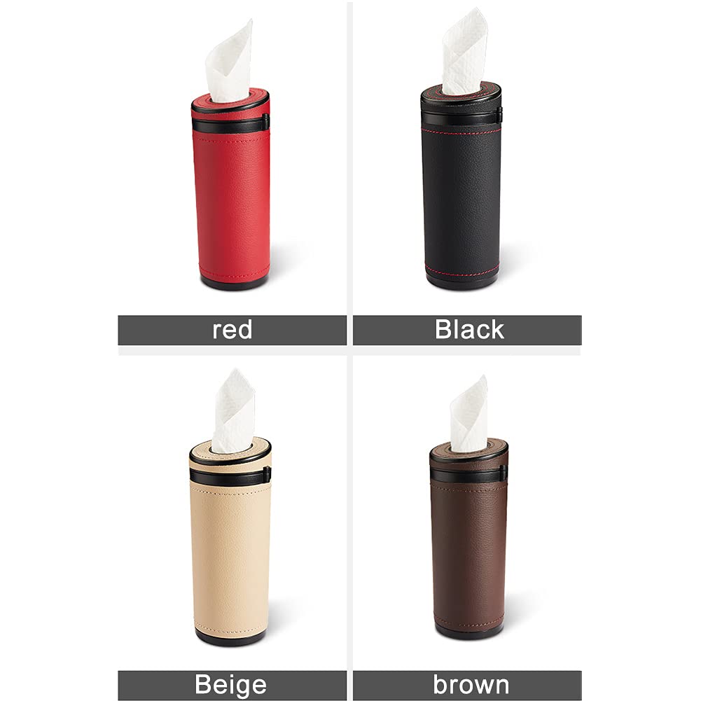 PU Leather Cylinder Tissue Box Holder - Portable Napkin Dispenser for Car Cup Holder, Office & Home - Black | Compact Facial Tissue Case for Desks, Cars & Travel