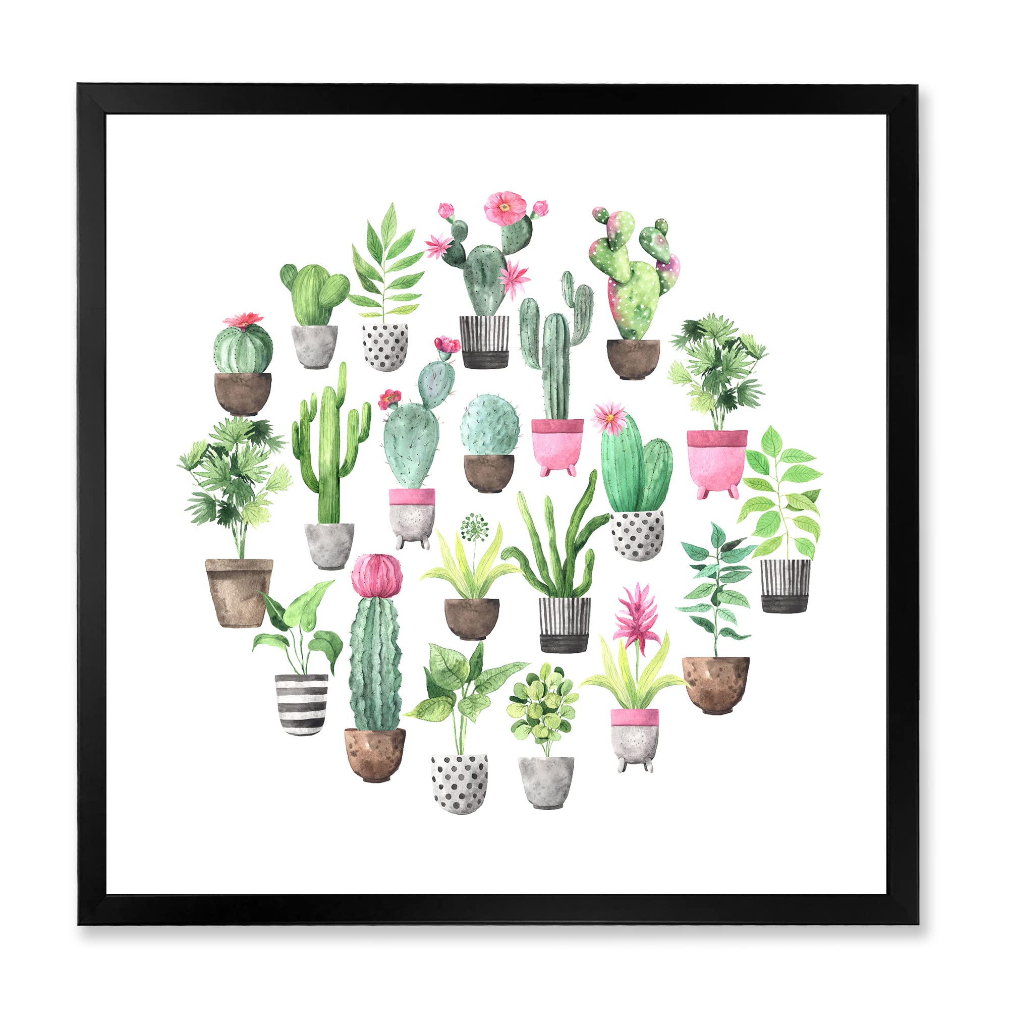 DesignQ Cacti in Ceramic Pots - Gentle Tone Traditional Framed Wall Art for Living Room, Bedroom & Office Decor
