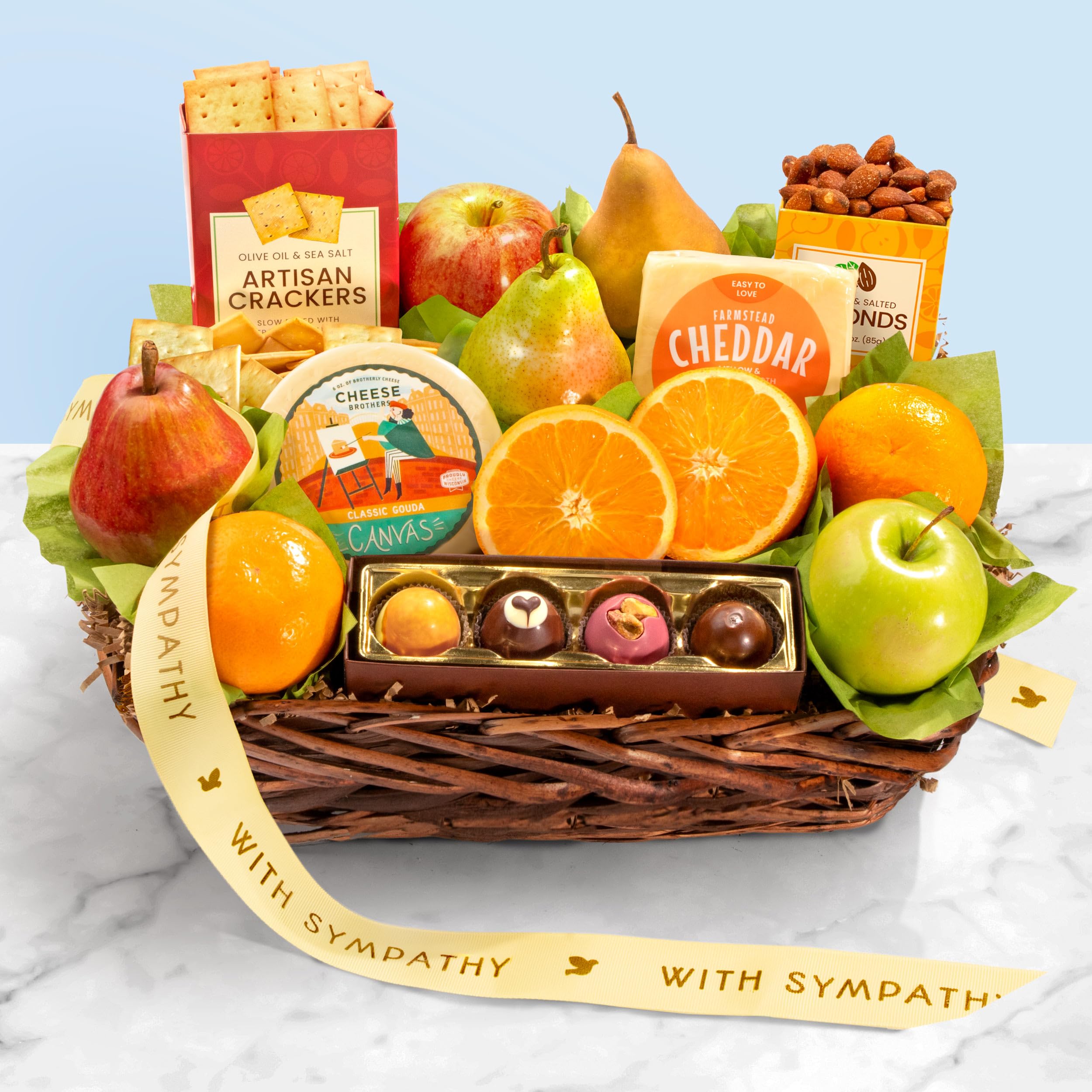 Sympathy Orchard Delight Fruit & Gourmet Gift Basket with Free Gift Inside - Perfect for Condolences, Get Well Soon, or Thinking of You Occasions