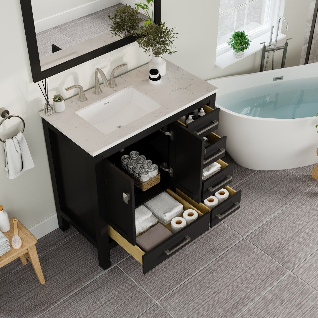 Aberdeen 36 Inch Espresso Single Sink Bathroom Vanity with Carrara Quartz Countertop & Undermount Porcelain Sink - Modern Space-Saving Storage Solution for Small Bathrooms & Powder Rooms