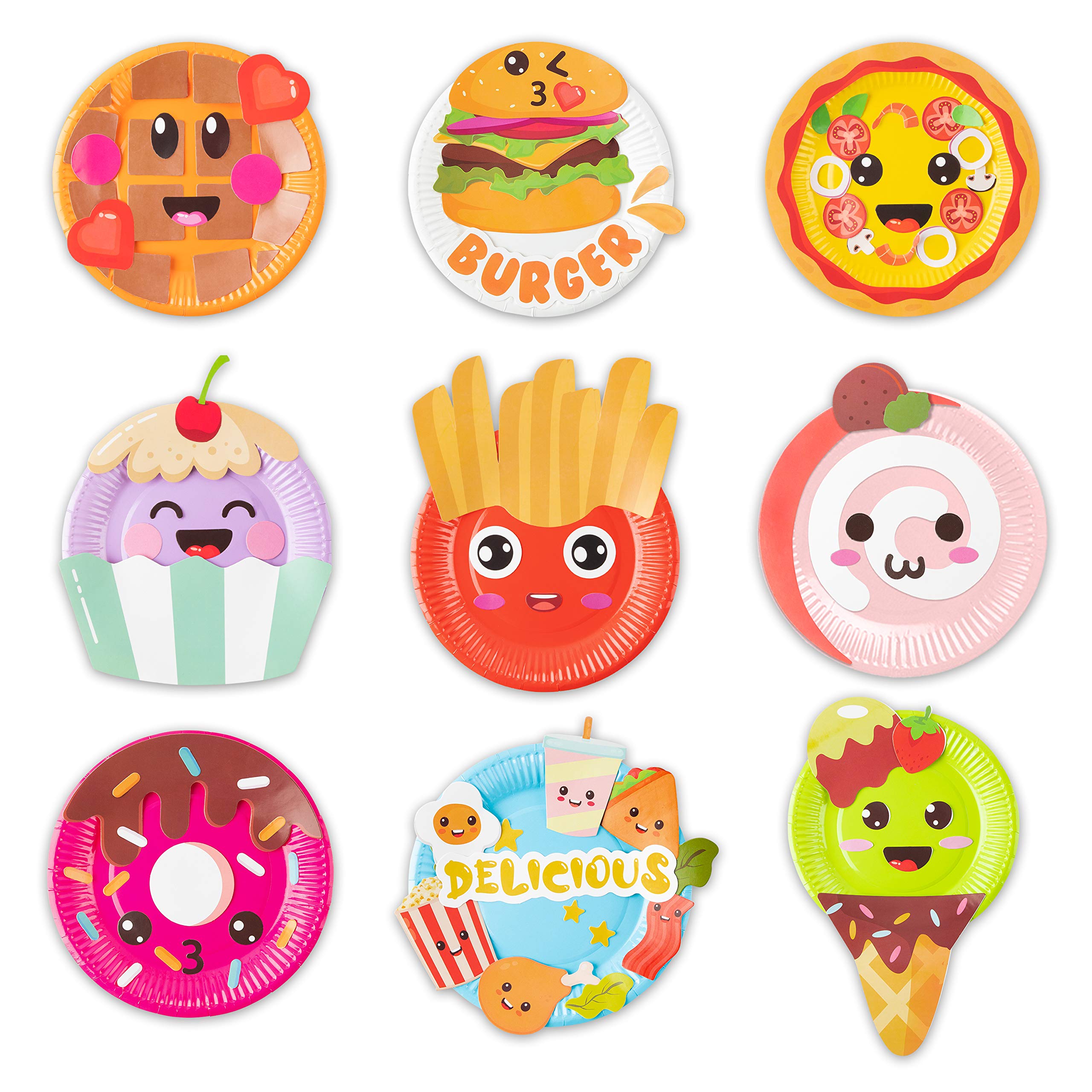 MALLMALL6 9Pcs Food Themed Paper Plate Art Kits for Kids - DIY Craft Early Learning Activity with Waffle, Pizza, Hamburger, Chips, Donut Designs - Perfect for Classroom Art Supplies, Birthday Party Favors, and Creative Home Decorations