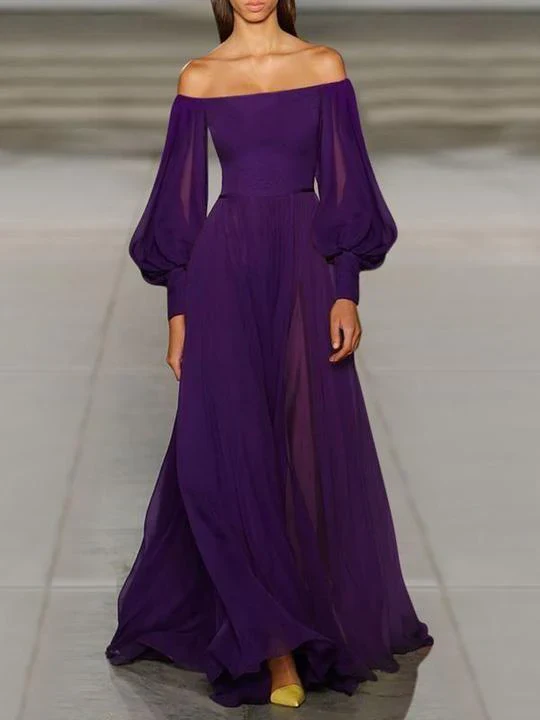 Elegant Purple Chiffon Lantern Sleeve Tube Top Dress J3803 - Perfect for Evening Parties, Weddings & Special Occasions