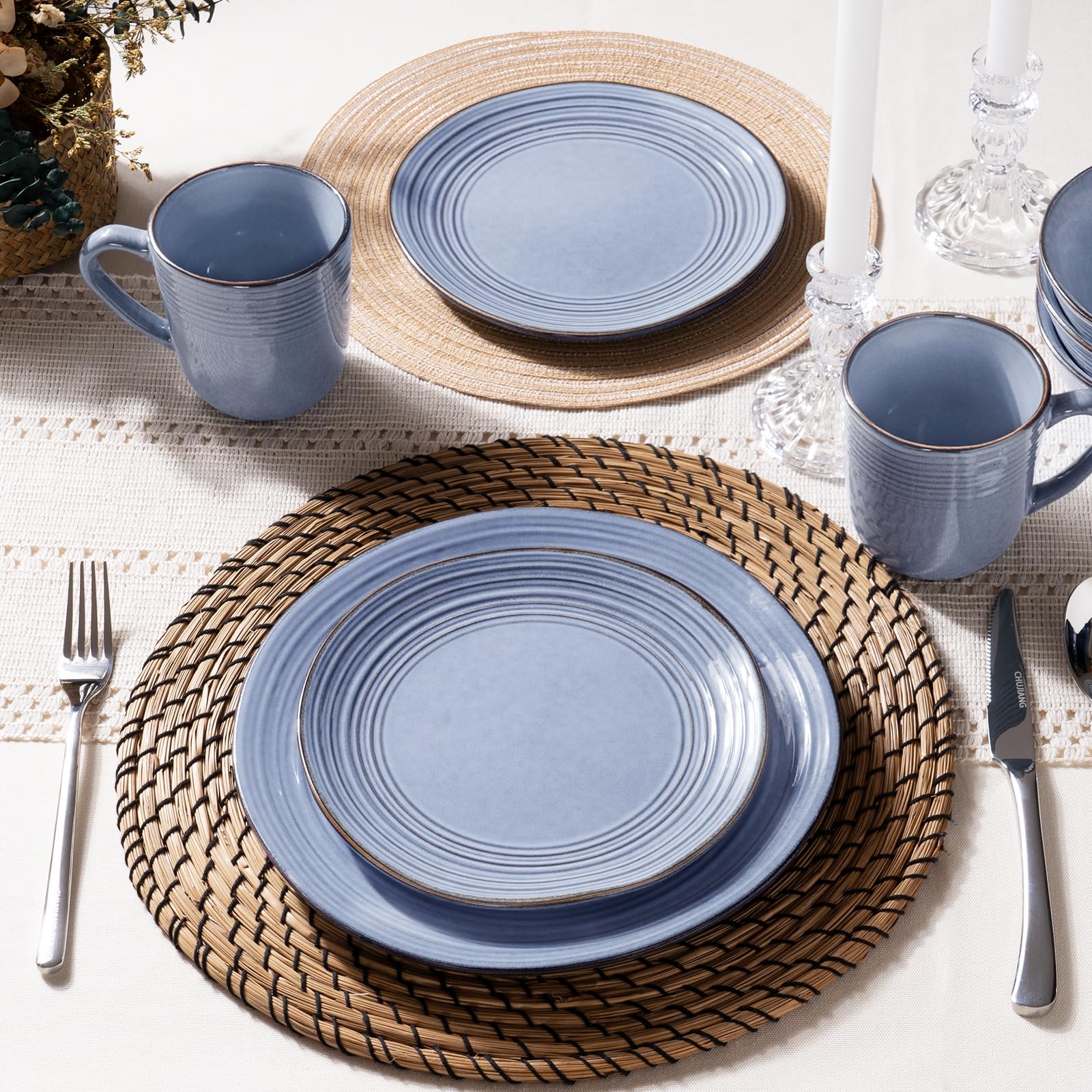 Premium 12-Piece Stoneware Dinnerware Set for 4 - Handcrafted Reactive Glaze Plates & Bowls in Twilight Blue - Durable Everyday Dishes for Family Dining, Dinner Parties & Restaurant-Style Meals at Home