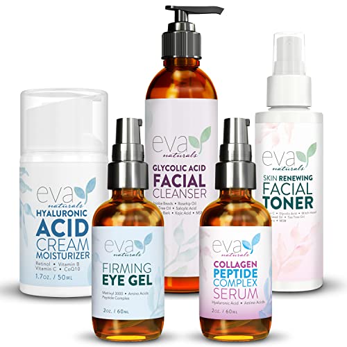 Complete 5-Step Anti-Aging Skincare Set: Glycolic Acid Cleanser, Renewing Toner, Peptide Serum, Eye Gel & Hyaluronic Moisturizer - Daily Face Care Routine for Glowing Skin at Home or Travel