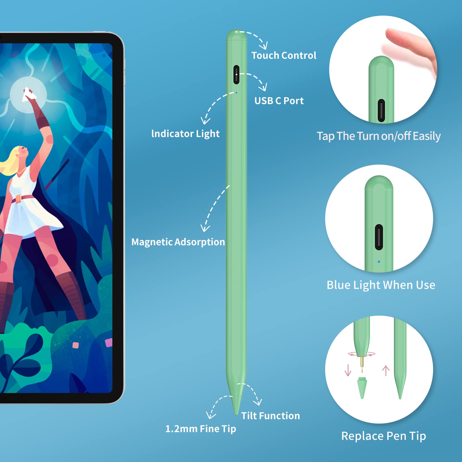 Fast Charging Stylus Pen for iPad 9th & 10th Generation - 5-Minute Quick Charge Digital Pencil - Compatible with iPad Pro 11/12.9 Inch (2018-2023), iPad 6-10 Gen, iPad Mini 5-6, iPad Air 3-5 - Green - Perfect for Drawing, Note-Taking & Professional Design Work