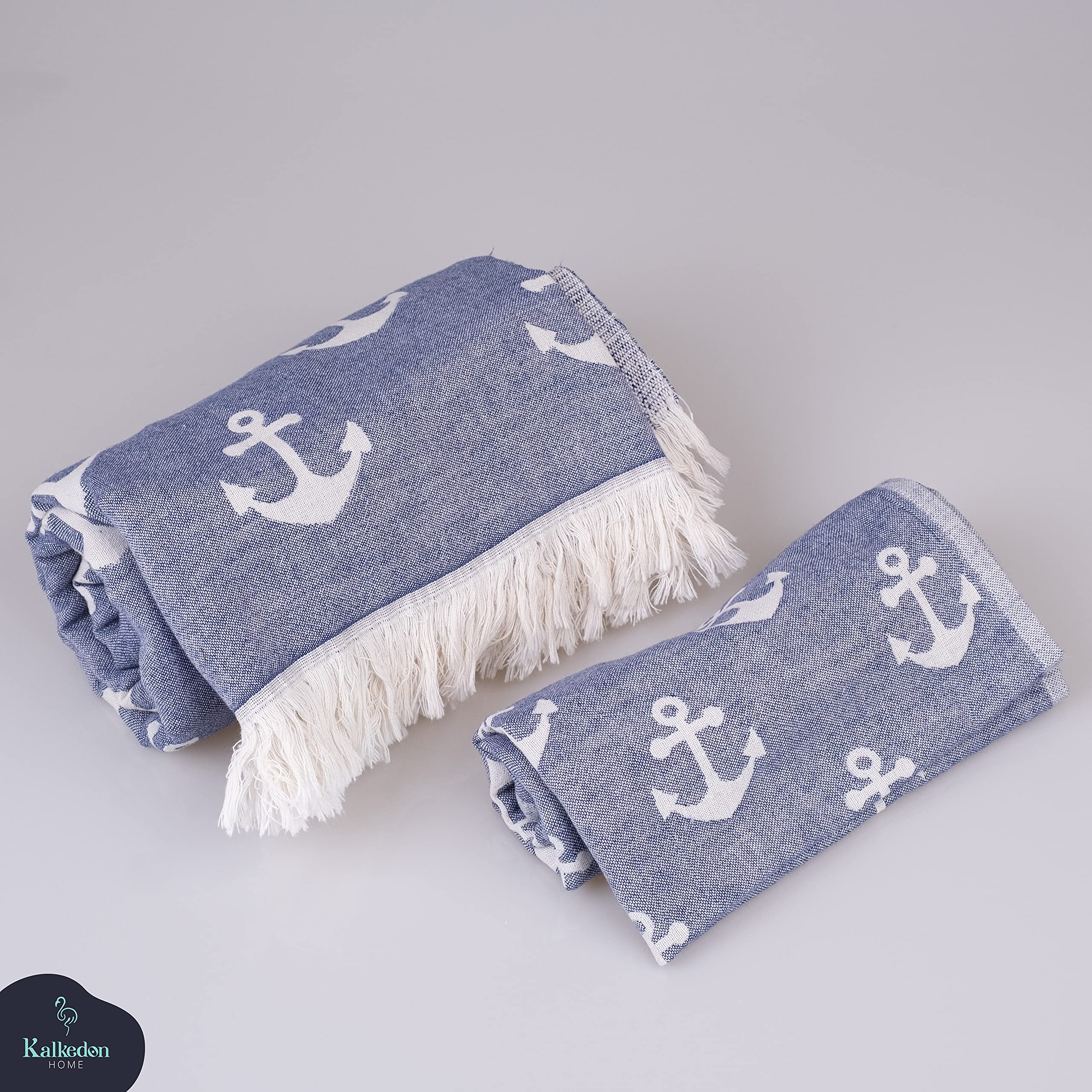 Double Sided Anchor Sand Free Beach Towel - Premium Organic Turkish Cotton Sarong & Peshtemal - Multi-Purpose Beach Blanket, Bath Towel & Hand Towel Set (White & Blue) - Perfect for Beach Vacations, Poolside Lounging & Spa Days