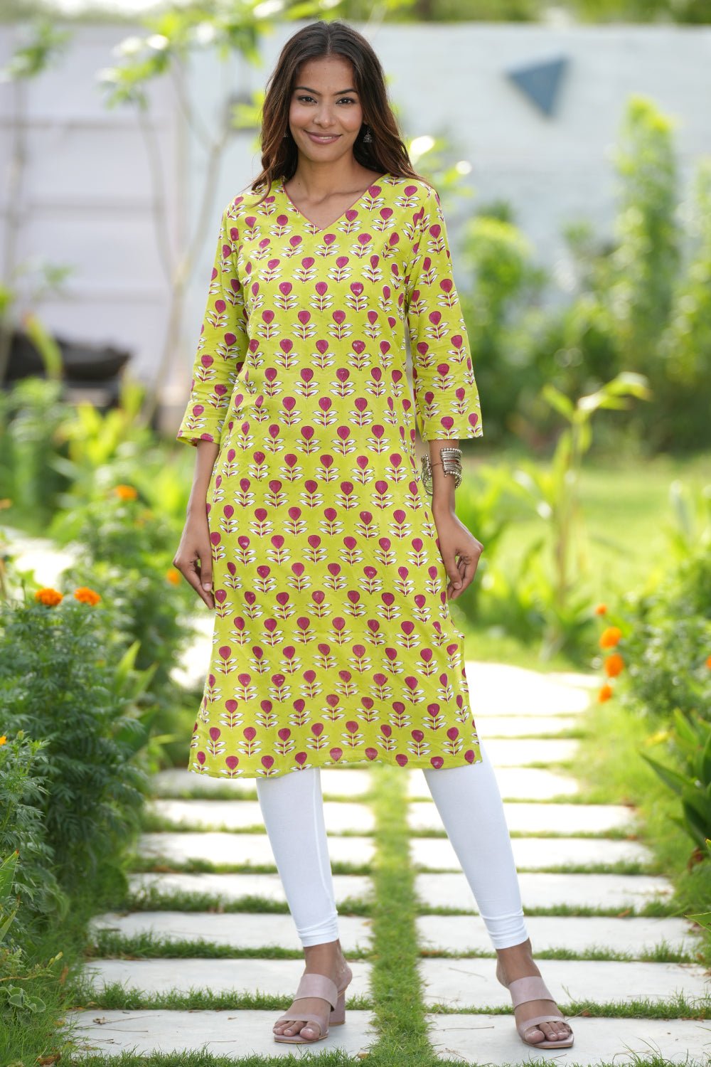 Handblock Printed Cotton Kurti for Women | Traditional Indian Garnet Garden Design | Perfect for Festivals, Parties & Casual Wear
