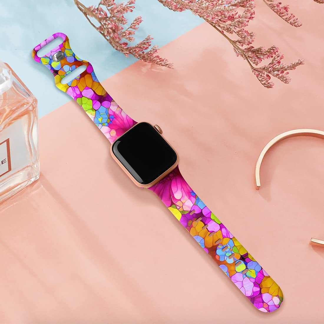 Floral Print Silicone Sport Band Compatible with Apple Watch Series 9/8/7/6/5/4/3/2/1/SE - Soft Durable Strap for Women, Fits 49mm 45mm 44mm 42mm 41mm 40mm 38mm - Perfect for Workouts, Running & Everyday Wear