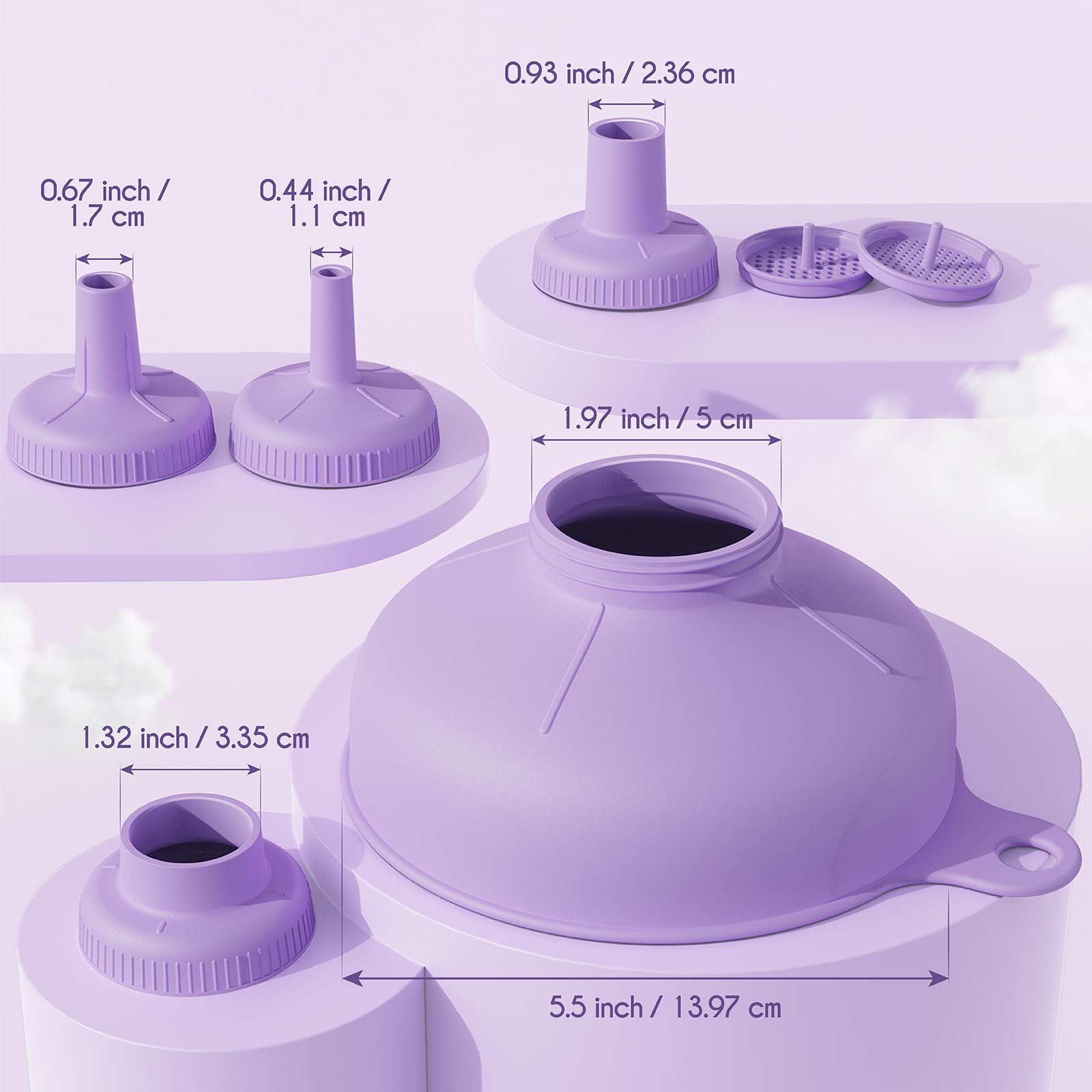 Wide Mouth Multi-Purpose Kitchen Funnel Set - 4 Size Food Grade Plastic Canning Funnels with 2 Strainers for Bottles, Jars & Bags (Purple) - Ideal for Home Canning, Cooking Oil Transfer & DIY Projects