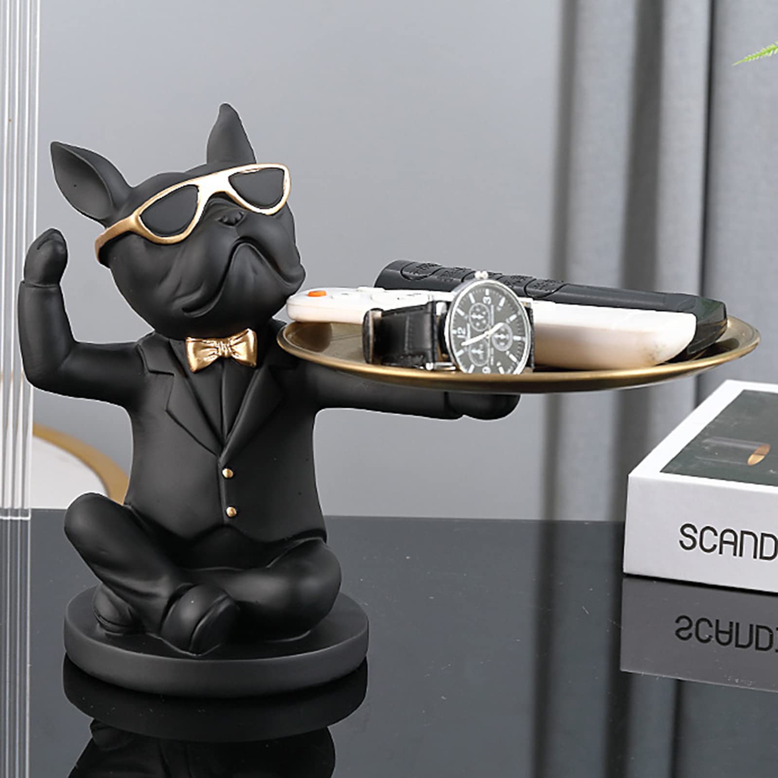 Resin Bulldog Tray - Animal Sculpture Key Holder & Jewelry Organizer with Storage Compartment | Perfect for Desk Decor, Candy Dish, Earrings Tray in Home, Office, or Shop (Black)