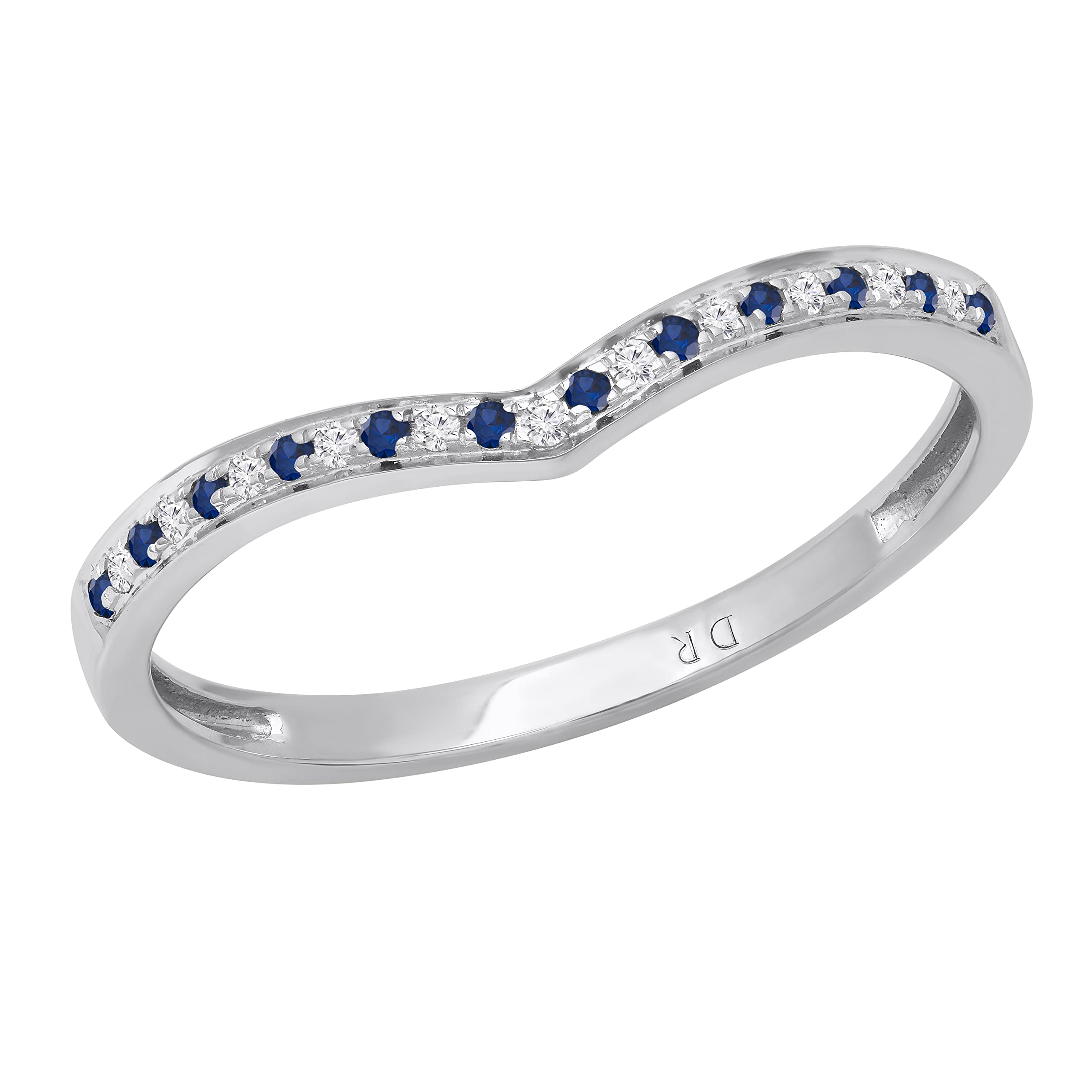 10K Solid White Gold Round Gemstone & Diamond Women's Bridal Wedding Band – Chevron Anniversary Ring for Her | Perfect for Engagement, Proposal, and Special Occasions