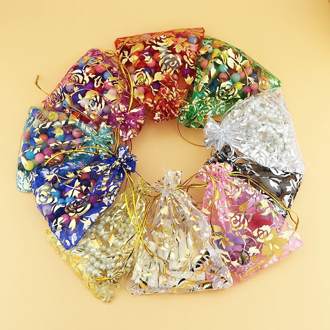 100pcs Rose Pattern Organza Wedding Favor Bags 5